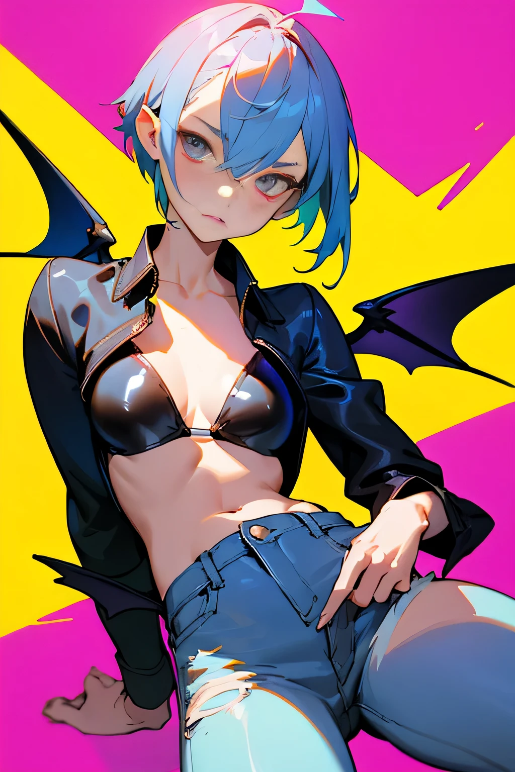 masterpiece、high quality、1 girl、nice、alone、medium breasts、short hair、(hair between eyes)、(00BFFE Pixie cut)、bat wings、Disappointed face、top rescyclo bikini、cropped flare jeans、leather blazer)