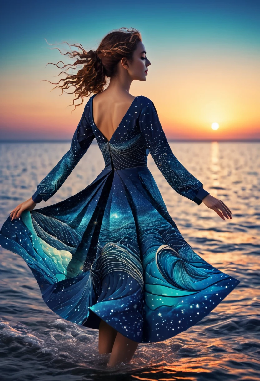 (best quality, highres, ultra sharp), womens Dancing on the Sea Surface, magical, origami sea, zentangle lines printed in clothes, starry sky, 3d crunch, cinematic,