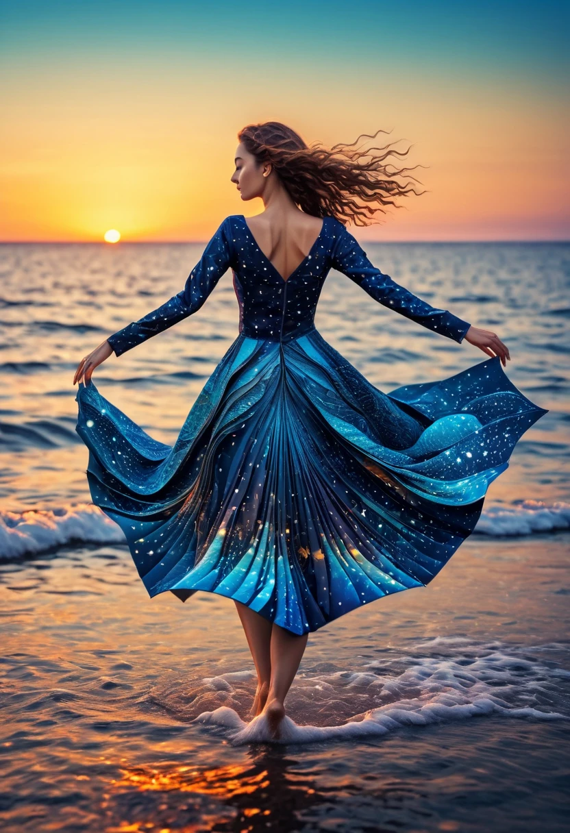 (best quality, highres, ultra sharp), womens Dancing on the Sea Surface, magical, origami sea, zentangle lines printed in clothes, starry sky, 3d crunch, cinematic,