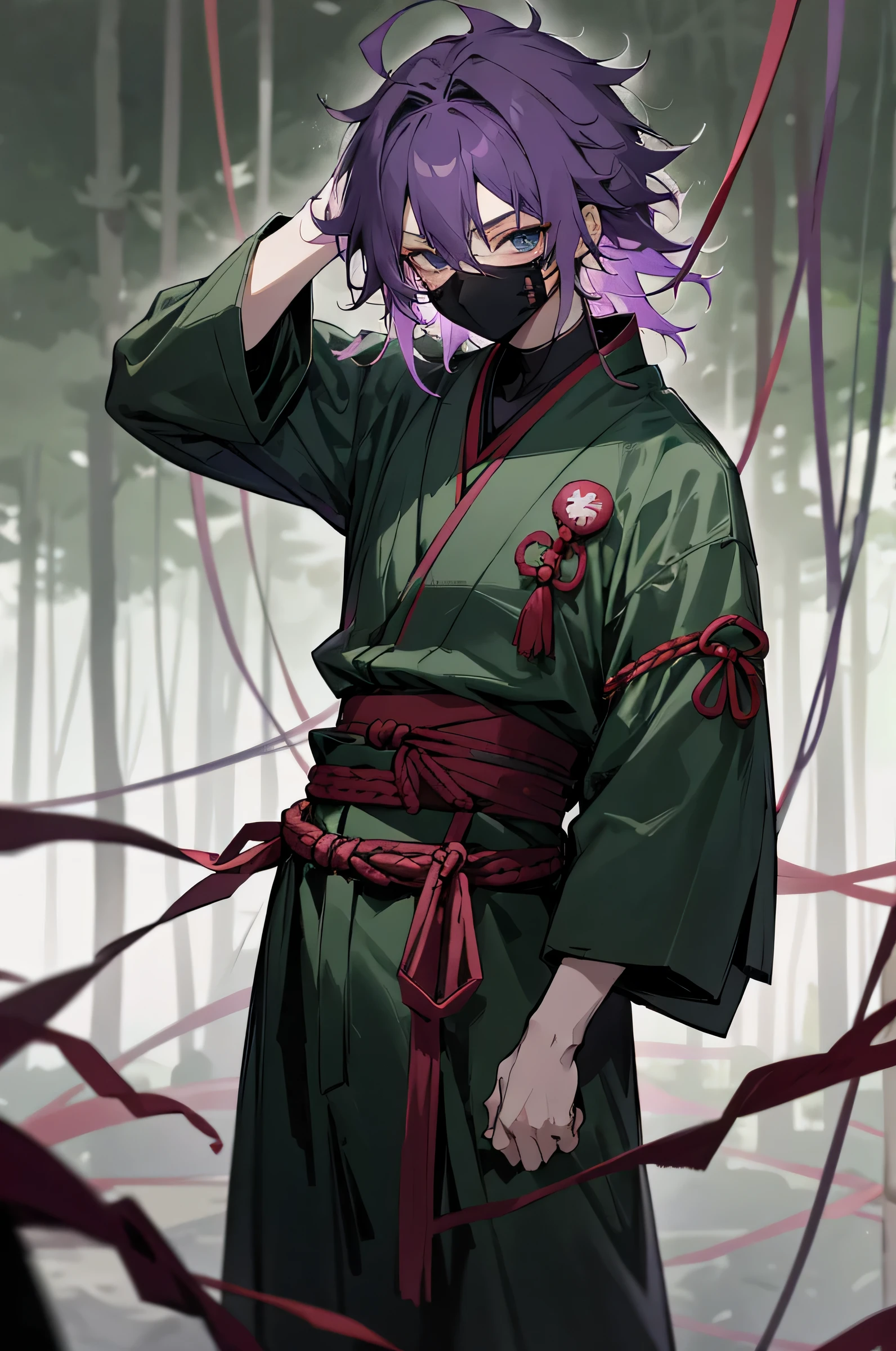 1male , young adult, Purple Hair , Blue eyes , messy hair , Gray and Red haori slightly short sleeves and long sleeves underneath, standing in Forest background , facing viewer, somber expression, Ninja Clothing, Green wrapped belt , lean build, Face mask, controlling puppet, wires in hand, puppets.