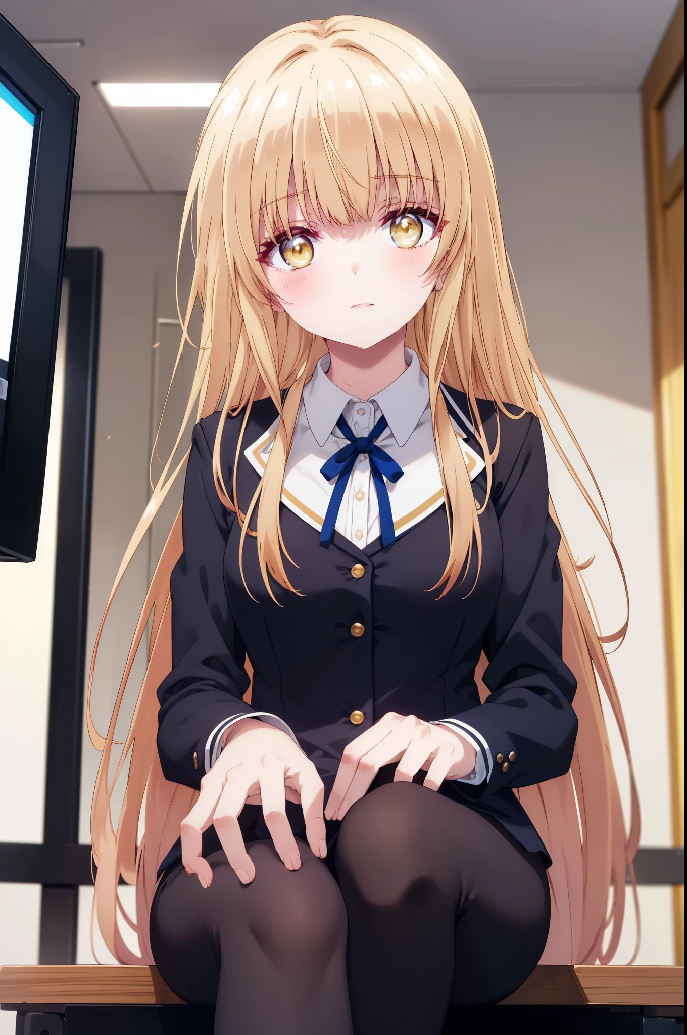 mahirushiina, Mahiru Shiina, bangs, blonde hair, brown hair, (yellow eyes:1.3), smile,blush,open your mouth,long hair,OL, red glasses, end, black suit jacket, collared jacket, white dress shirt, collared shirt, neckline, button, strap, ID card on the neck, black pencil skirt, stiletto heels,black pantyhose, smile, blush, ,There is a computer on the desk.,sitting cross-legged on a chair,morning,morning日,
break indoors,office,
break looking at viewer, whole body, (cowboy shot:1. 5)
break (masterpiece:1.2), highest quality, High resolution, unity 8k wallpaper, (shape:0.8), (fine and beautiful eyes:1.6), highly detailed face, perfect lighting, Very detailed CG, (perfect hands, perfect anatomy),