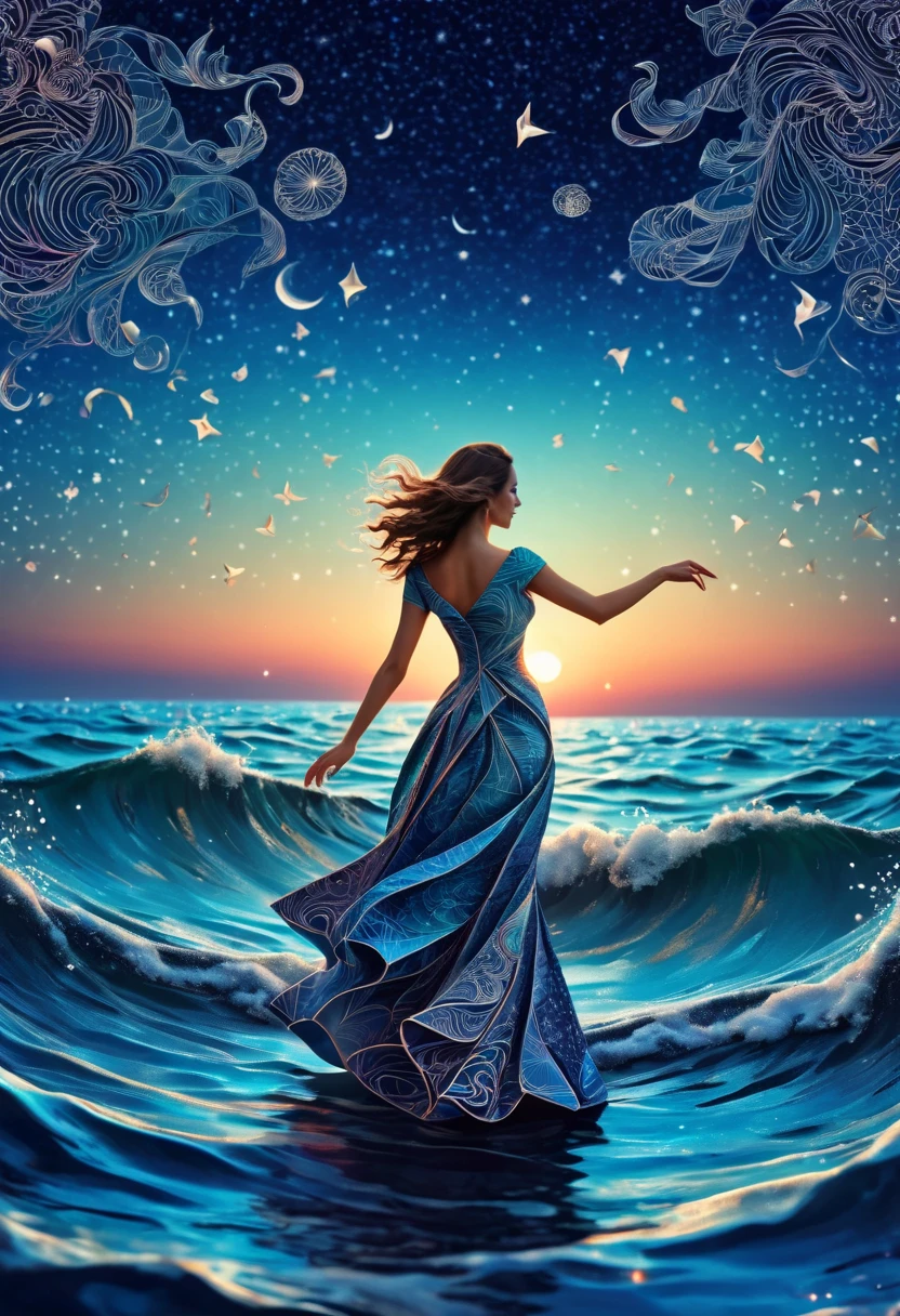 (best quality, highres, ultra sharp), womens Dancing on the Sea Surface, magical, origami sea, zentangle lines printed in clothes, starry sky, 3d crunch, cinematic,