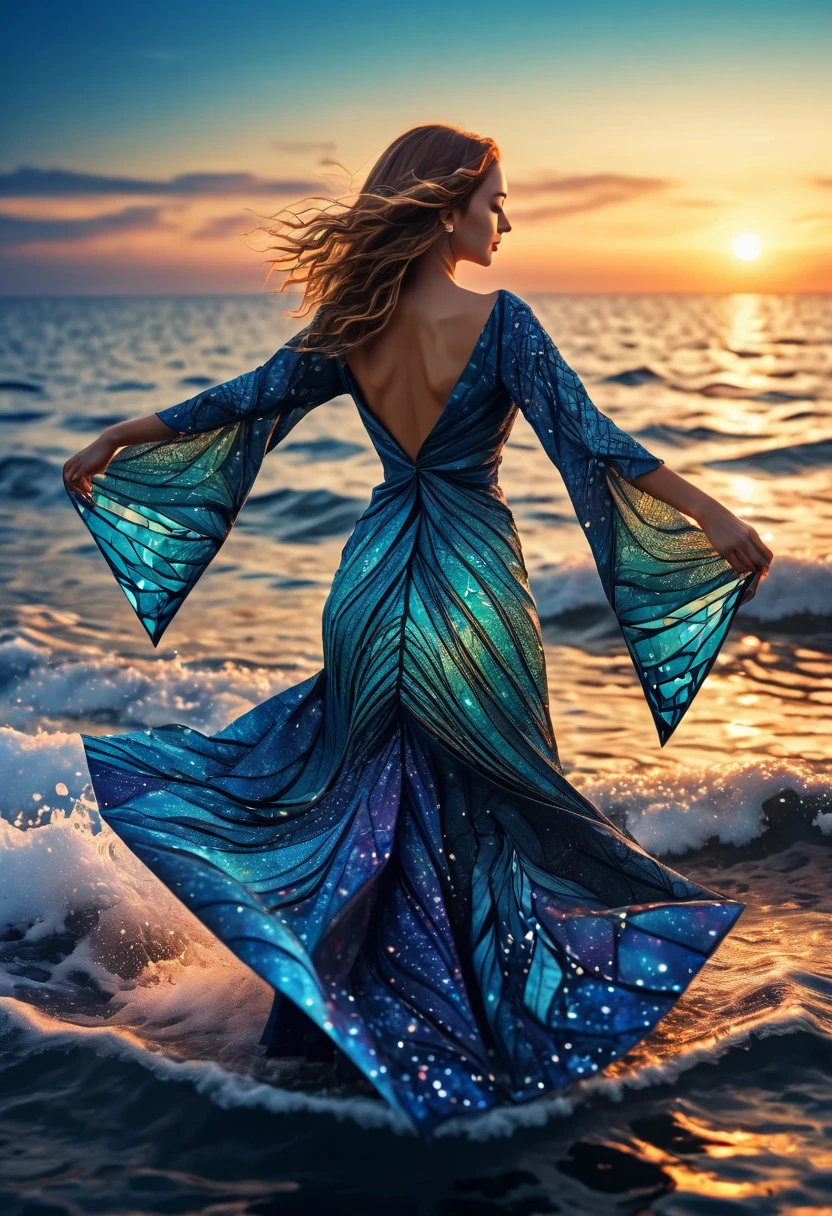 (best quality, highres, ultra sharp), womens Dancing on the Sea Surface, magical, origami sea, zentangle lines printed in clothes, starry sky, 3d crunch, cinematic,