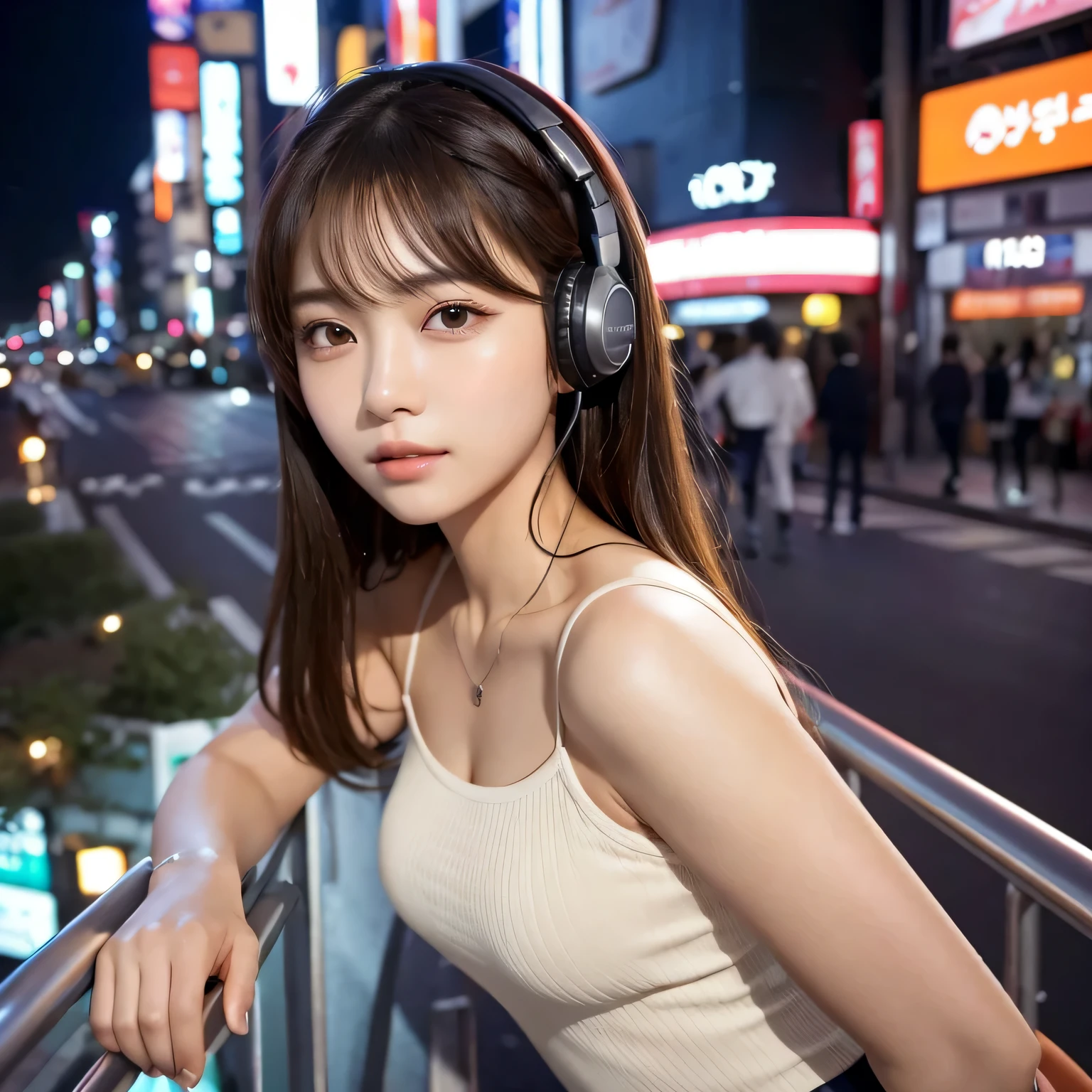 Beautiful Korean K-pop idol woman posing on a dimly lit balcony in lively Kabukicho, Tokyo. The setting sun casts a warm light, Orange glow over vibrant cityscape in the background, Add depth and texture to bustling city scenes. Idols are crazy about music, wear high quality shoes, Noise canceling headphones that block out surrounding noise.
her expressive, The cute face is delicately drawn., Natural, showing her perfect skin、Radiant glowing skin texture. her realistic, beautiful detailed eyes, perfectly aligned pupils and long