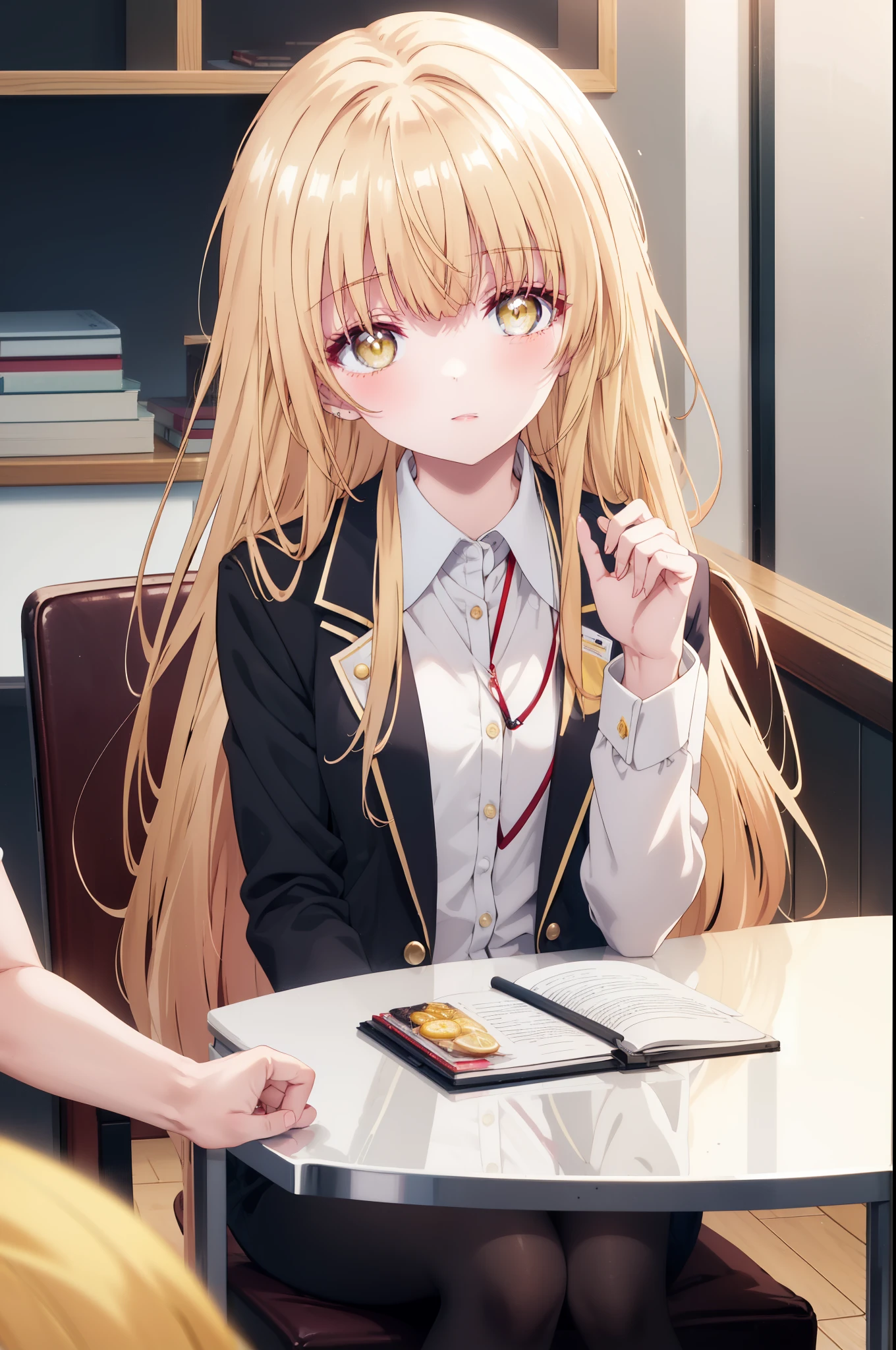 mahirushiina, Mahiru Shiina, bangs, blonde hair, brown hair, (yellow eyes:1.3), smile,blush,open your mouth,long hair,OL, red glasses, end, black suit jacket, collared jacket, white dress shirt, collared shirt, neckline, button, strap, ID card on the neck, black pencil skirt, stiletto heels,black pantyhose, smile, blush, ,There is a computer on the desk.,sitting cross-legged on a chair,morning,morning日,
break indoors,office,
break looking at viewer, whole body, (cowboy shot:1. 5)
break (masterpiece:1.2), highest quality, High resolution, unity 8k wallpaper, (shape:0.8), (fine and beautiful eyes:1.6), highly detailed face, perfect lighting, Very detailed CG, (perfect hands, perfect anatomy),