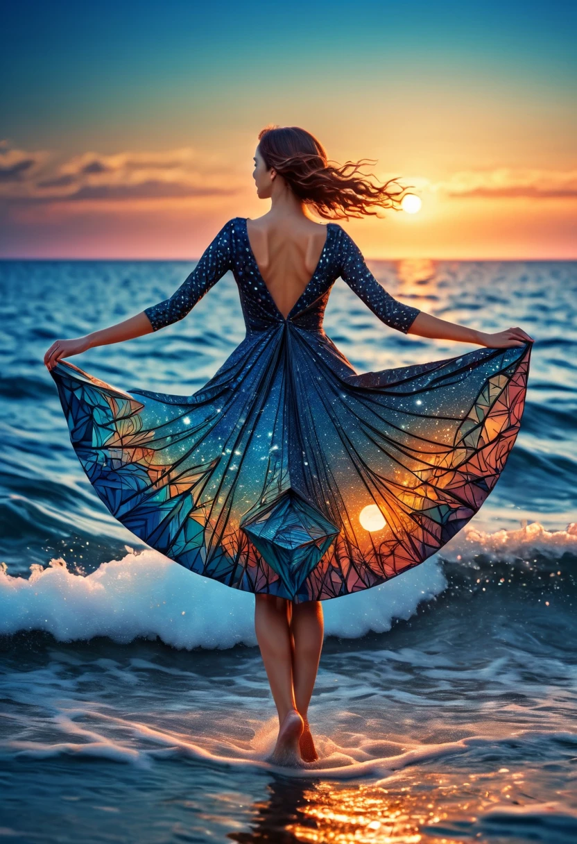 (best quality, highres, ultra sharp), womens Dancing on the Sea Surface, magical, origami sea, zentangle lines printed in clothes, starry sky, 3d crunch, cinematic,