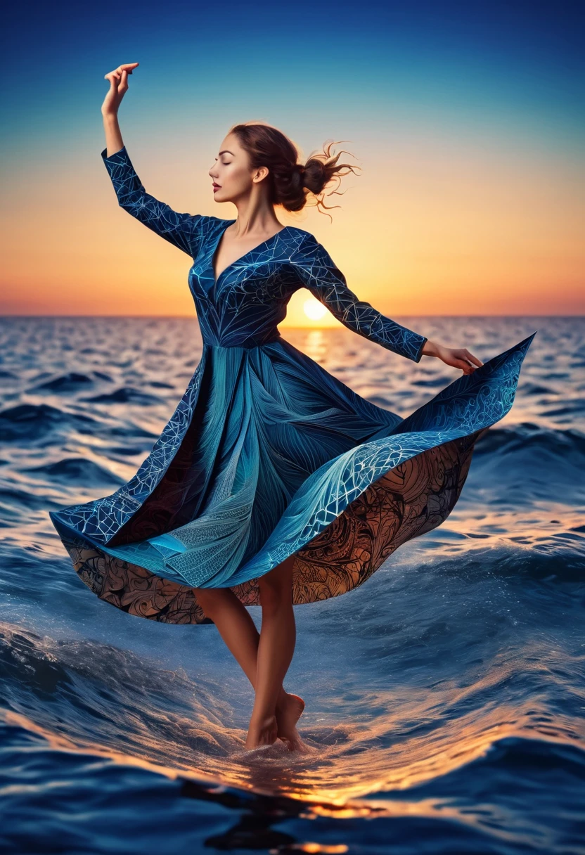 (best quality, highres, ultra sharp), womens Dancing on the Sea Surface, magical, origami sea, zentangle lines printed in clothes, starry sky, 3d crunch, cinematic,