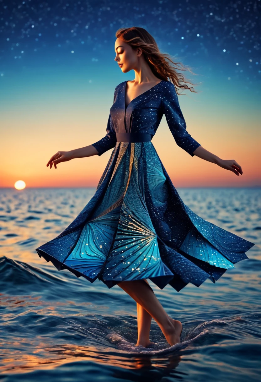 (best quality, highres, ultra sharp), womens Dancing on the Sea Surface, magical, origami sea, zentangle lines printed in clothes, starry sky, 3d crunch, cinematic,
