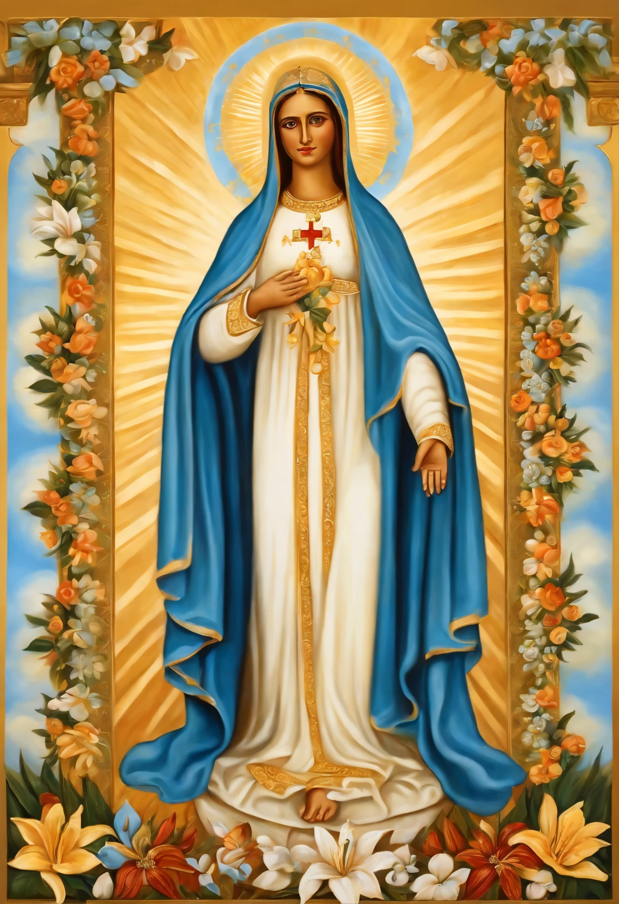 Our Lady Aparecida in Oil with Beautiful Styled Traces: Realismo

Paleta: Cores vibrantes e harmoniosas, with a predominance of pastel tones and golden details.

composition:

Primeiro plano:
Our Lady of Aparecida standing on a pedestal of clouds, com o rosto sereno e maternal voltado para o observador.
wearing a sky blue robe and white tunic, ambos com detalhes dourados.
hands in prayer position, holding a bouquet of assorted flowers.
Segundo plano:
A blue sky with white clouds and golden sun rays emanating from the figure of Our Lady.
Possivelmente, anjos ou outros elementos religiosos ao redor, like stars or a golden halo.
Detalhes:

Nossa Senhora:
Pele morena com nuances rosadas.
Olhos castanhos compassivos e expressivos.
Cabelos pretos e lisos, adorned with a white veil.
Detalhes dourados em sua coroa, mantle and tunic.
Flores:
Rosas brancas, symbol of purity.
Yellow lilies, symbol of joy.
Cravos vermelhos, Symbol of love.
Outros elementos:
Possivelmente, um resplendor dourado ao redor de Nossa Senhora.
Golden sunbeams emanating from your hands.
Uma pomba branca, symbol of the Holy Spirit, Hovering over your head.
emotion:

A pintura deve transmitir paz, serenidade, faith and hope.
Our Lady's face must be welcoming and convey compassion and maternal love.
The vibrant colors and harmonious composition should awaken a feeling of joy and positivity.
Comments:

This is just a painting suggestion, you can adapt it according to your preferences and needs.
It is important that the painting is faithful to the traditional image of Our Lady of Aparecida.
Use keywords that reflect the desired style and characteristics of the painting when using the Seaart image generator.
Exemplos de palavras-chave:

Nossa Senhora Aparecida
Realismo
Cores vibrantes
Tons pastéis
Detalhes dourados
Céu azul
Nuvens brancas
Anjos
Flores
Rosas brancas
Yellow lilies
Cravos vermelhos
Resplendor dourado
Pomba branca