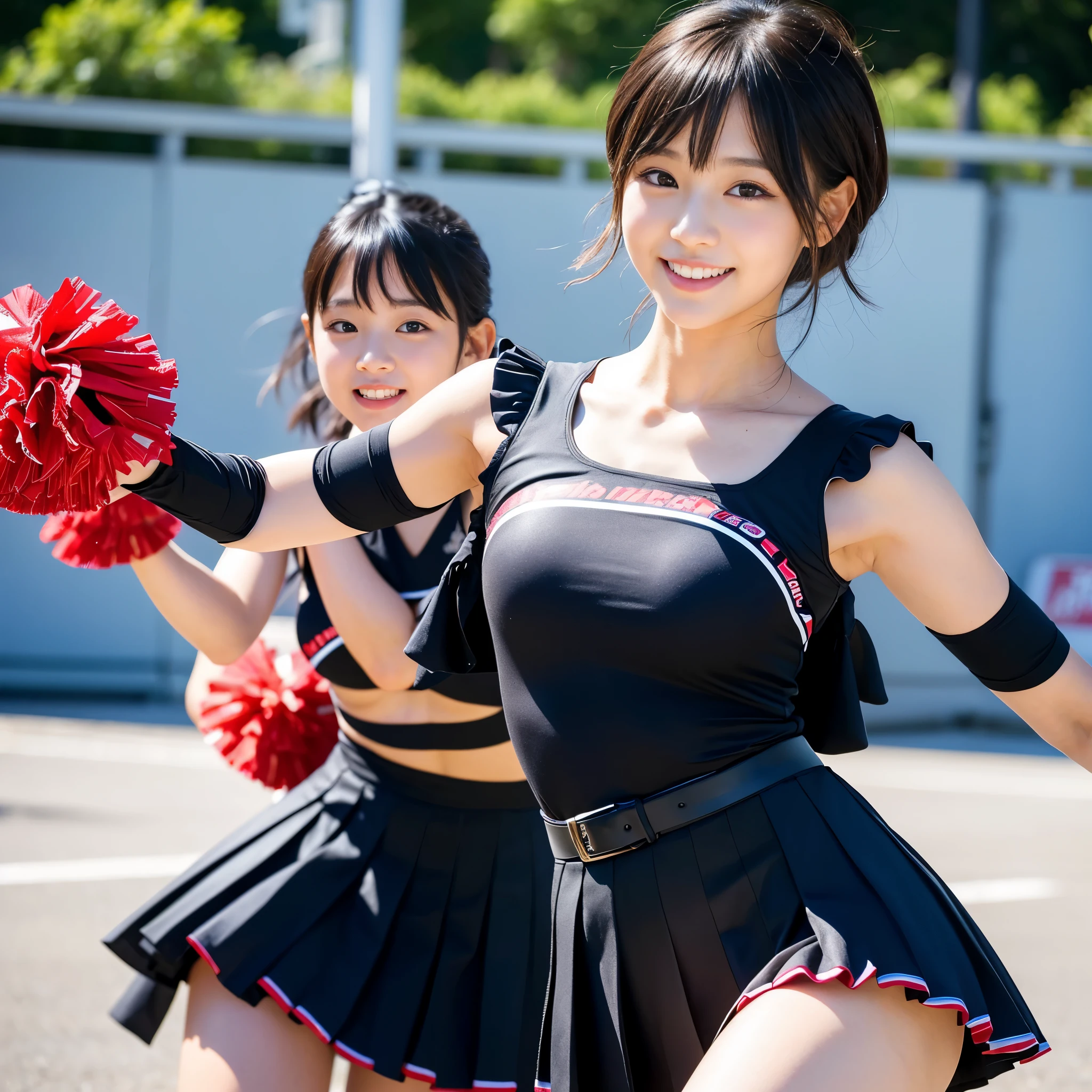 Highest quality,masterpiece,Ultra-high resolution, Very detailed, 8K,a 17 years old beautiful Japanese woman:1.5, blunt bangs, Very short hair、 Small face, Breast Augmentation Surgery、 (A gorgeous red cheerleader costume:1.5), Stadium seats、 height:175cm