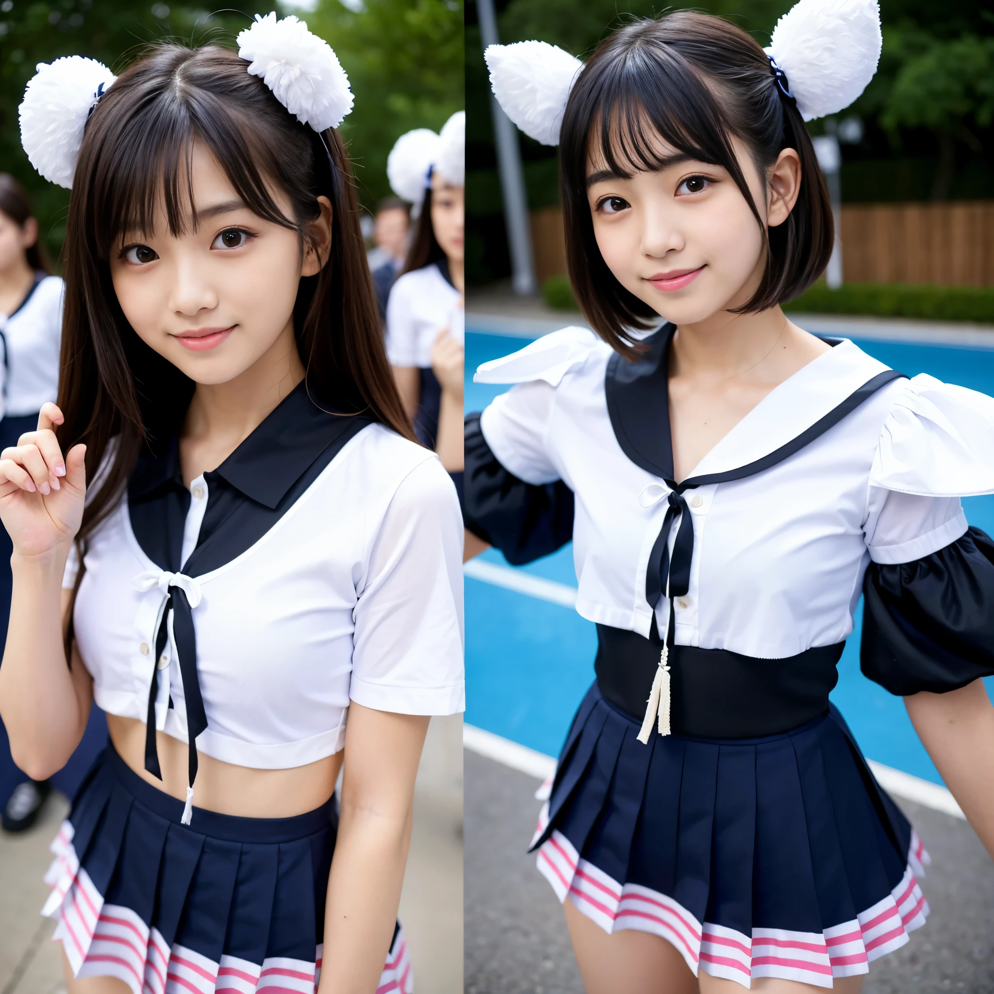 Best-quality, Masterpiece, Ultra-High-Resolution, (Photorealistic:1.4), Raw-Photo, Extremely-Details, Perfect-Anatomy, 1girl, -yeld, thost famous Japanese idol, cowboy-shot, looking at viewer, innocent-smile, (wearing cheerleading-costume with cute-design, pleated miniskirt), extremely cute face like the most popular Japanese-idol, ((extremely beautiful big-black-eyes)), extremely beautiful black-short-cut-haired, extremely beautiful skins, extremely beautiful long-eyelashes, extremely beautiful lips