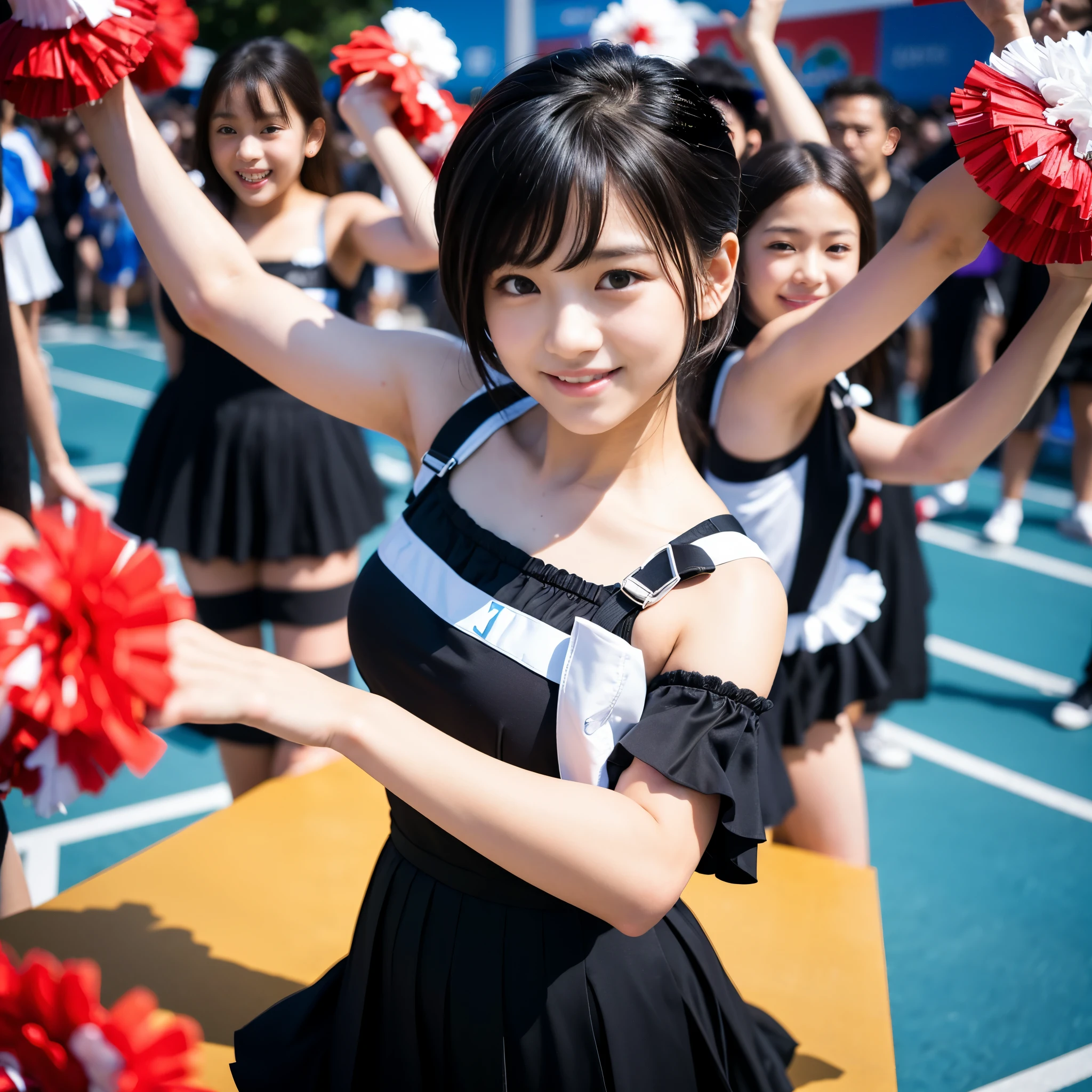 Best-quality, Masterpiece, Ultra-High-Resolution, (Photorealistic:1.4), Raw-Photo, Extremely-Details, Perfect-Anatomy, 1girl, -yeld, thost famous Japanese idol, cowboy-shot, looking at viewer, innocent-smile, (wearing cheerleading-costume with cute-design, pleated miniskirt), extremely cute face like the most popular Japanese-idol, ((extremely beautiful big-black-eyes)), extremely beautiful black-short-cut-haired, extremely beautiful skins, extremely beautiful long-eyelashes, extremely beautiful lips
