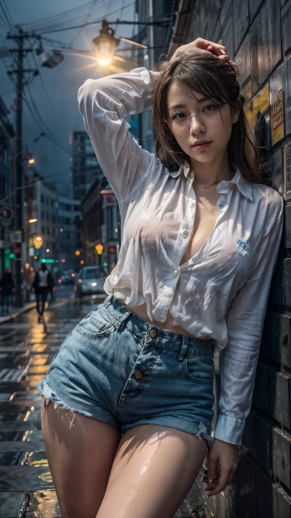 Photorealistic, (close up:1.3, exposed face), wide angle, (seen from below), a japanese young woman wearing wet (long sleeve (button shirt:1.2), oversized t-shirt, hotpants), a hyperrealistic beautiful young girls with grayish blue eyes in glasses, natural sagging breast, high detailed official artwork, beautiful girls with slim fit body and busty posture, long legs, attractive young woman, (atractive poses:1.3, crossed arm hold the breast up), at wet sidewalk in the (foggy big city:1.2), night view background, rainny day, dubnitskiy david fanart, realistic portrait, smooth photorealistic, perfect visual of a cute girls, cute girls with skinice soft face, face focus, makoto shinkai and artgerm, photon mapping, natural light, warm color tones, vivid colors, cool ambient, foggy atmosphere