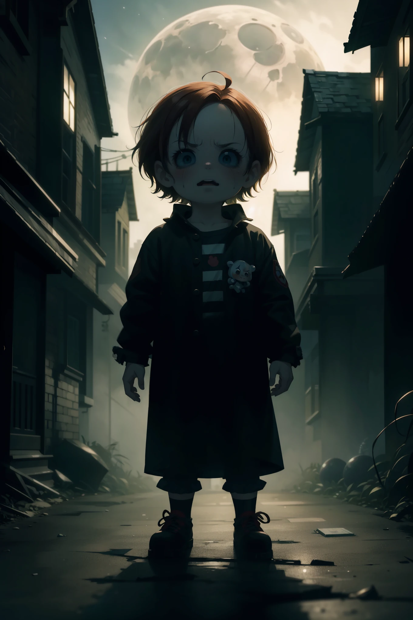 Title: Chucky's Enigmatic Night Stroll - A Tim Burtonesque Illustration
Basking in the ethereal moon glow, Chucky, the notorious doll, emerges from the shadows of an eerie, fog-laden street. His creeping presence is a testament to Tim Burton's signature style, where the grotesque and enchanting come together in perfect harmony. defeating their enemies.
The once-adorable porcelain face of Chucky has been marred by time, revealing cracks and fissures that give the doll an ominous, yet oddly endearing, charm. His distorted, oversized eyes, hollow