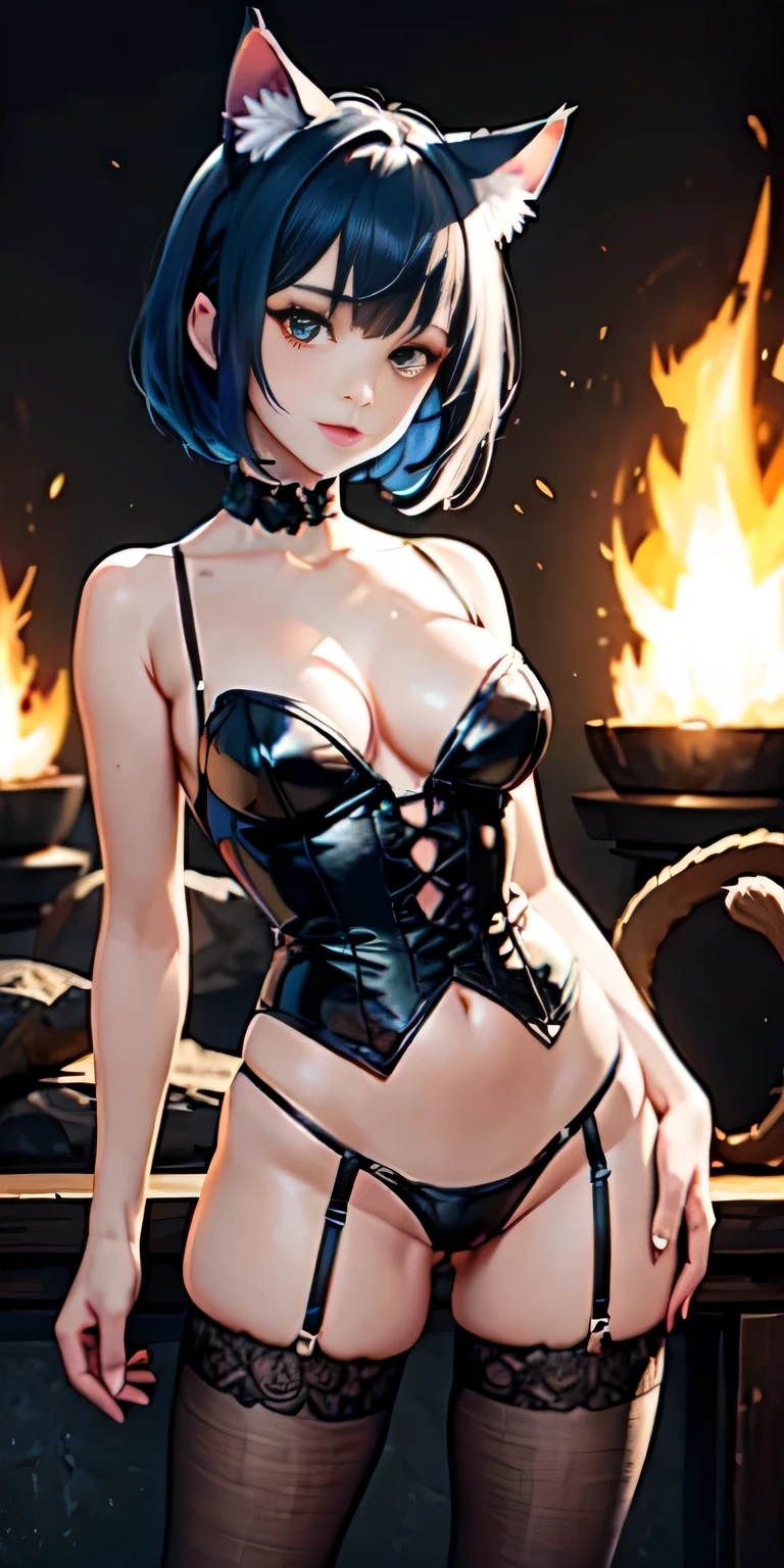 Intricate details: "((a sexy animated lady poses in revealing translucent clothes while in fire-lit fantasy setting, firm breasts, 1girl 18 years old, animal ears, short hair, panties, flat stomach, black panties, see through underwear, cat ears, looking at viewer, thighhighs, cleavage, corset, blue hair, string panties, random low angle))"