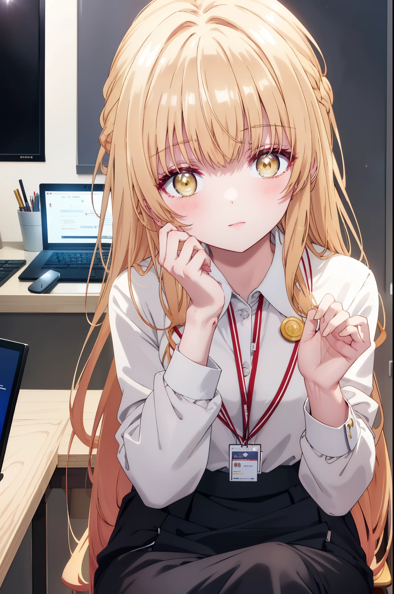 mahirushiina, Mahiru Shiina, bangs, blonde hair, brown hair, (yellow eyes:1.3), smile,blush,open your mouth,long hair,OL, red glasses, end, black suit jacket, collared jacket, white dress shirt, collared shirt, neckline, button, strap, ID card on the neck, black pencil skirt, stiletto heels,black pantyhose, smile, blush, ,There is a computer on the desk.,sitting cross-legged on a chair,morning,morning日,
break indoors,office,
break looking at viewer, whole body, (cowboy shot:1. 5)
break (masterpiece:1.2), highest quality, High resolution, unity 8k wallpaper, (shape:0.8), (fine and beautiful eyes:1.6), highly detailed face, perfect lighting, Very detailed CG, (perfect hands, perfect anatomy),