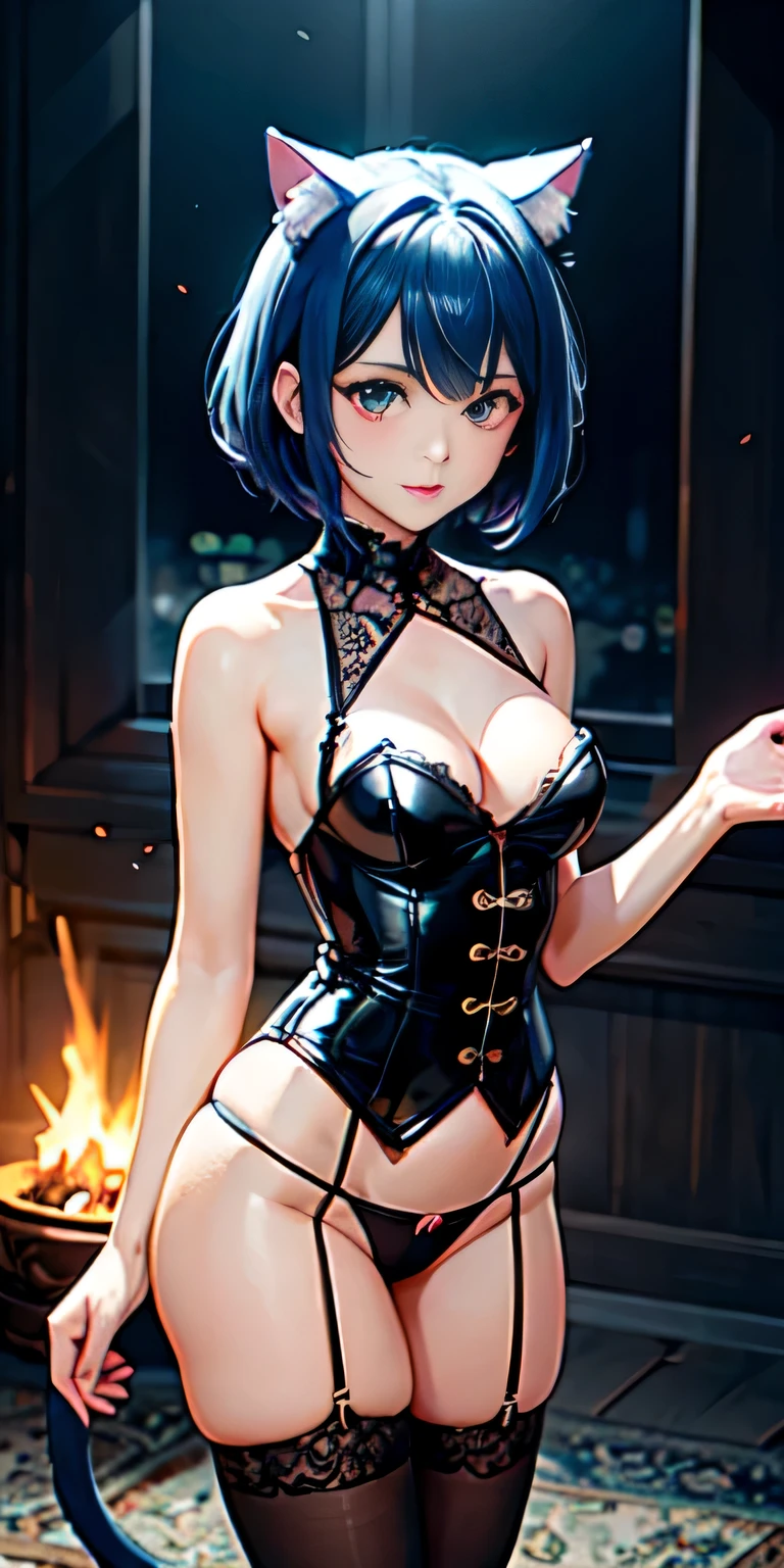 Intricate details: "((a sexy animated lady poses in revealing translucent clothes while in fire-lit fantasy setting, firm breasts, 1girl 18 years old, animal ears, short hair, panties, flat stomach, black panties, see through underwear, cat ears, looking at viewer, thighhighs, cleavage, corset, blue hair, string panties, random low angle))"