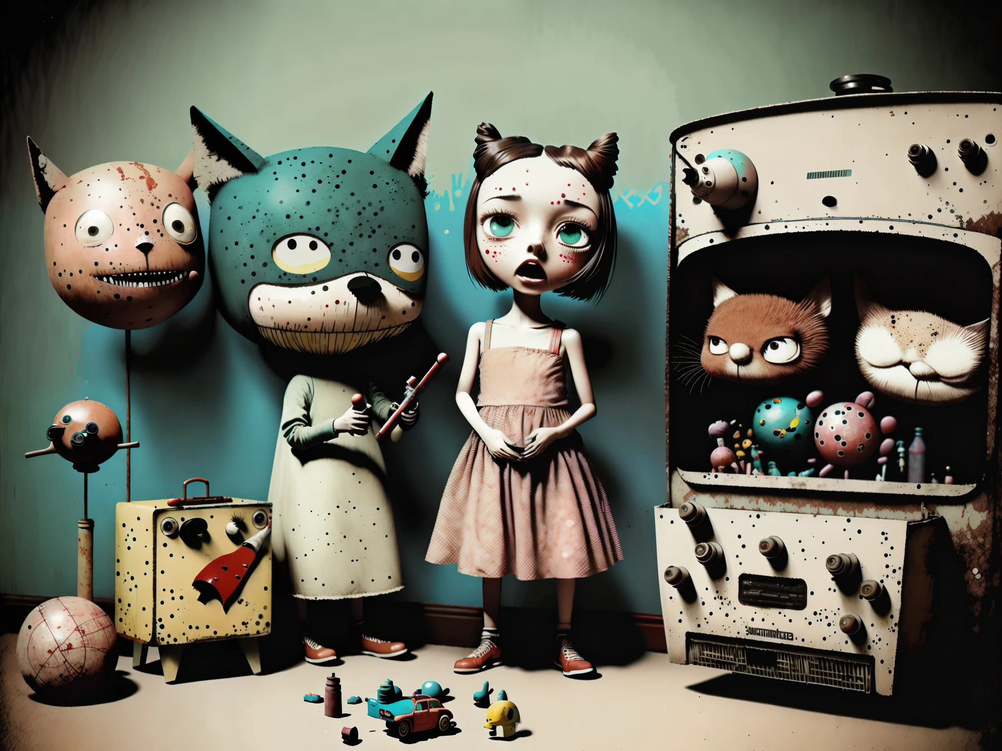 retro:1.3, children playing in their messy room full of toys:1.3,（１Body）, earth and cyan color, punk, happy, Optimistic, disorder in the room, Jerome Hieronymus Hieronymus, Gabriel Pacheco:1.3、old room background、lighting retro