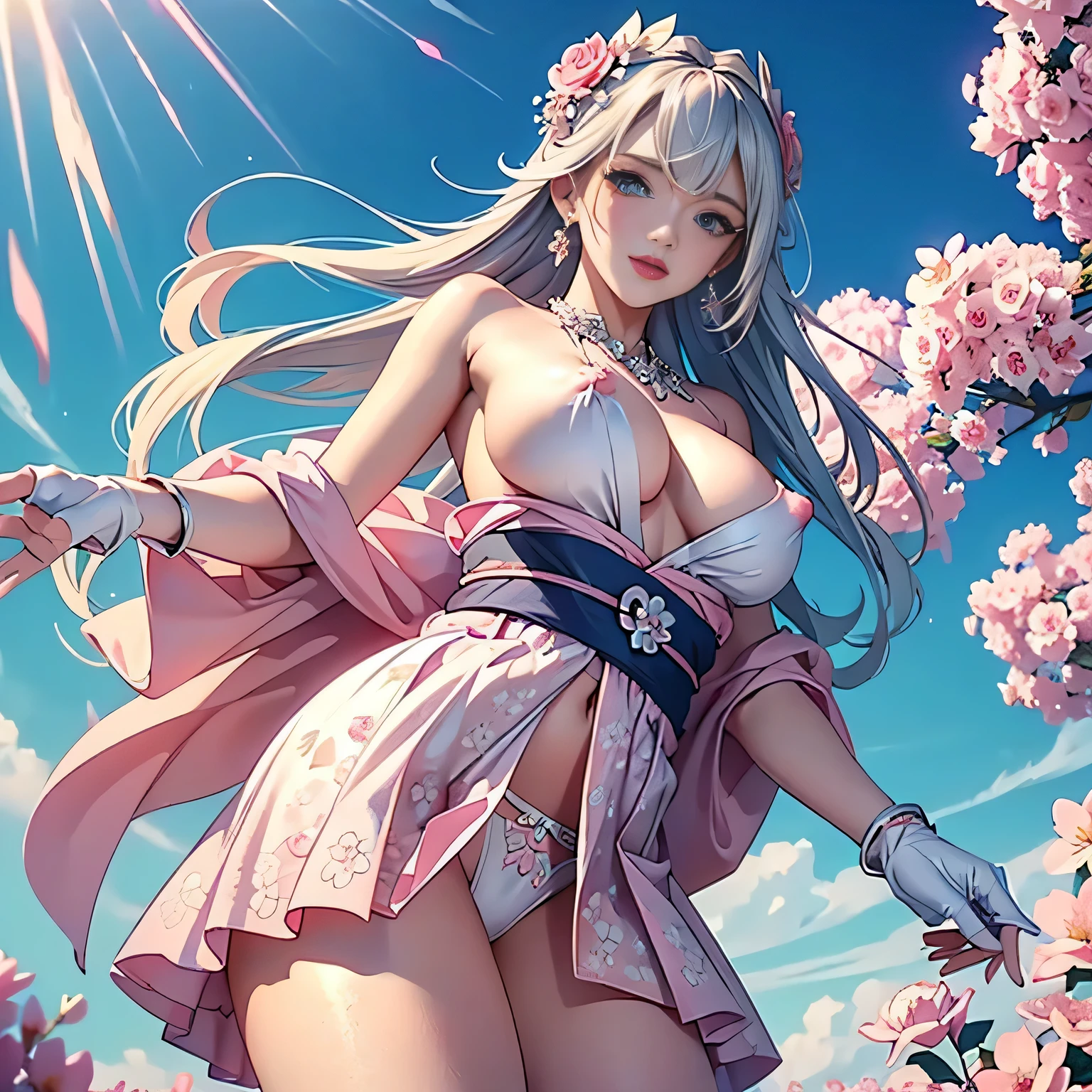 topless,vulgar, (looking at the viewer),Low - Angle,from below, ((1 girl, Showing beautiful medium pink nipples)), ((masterpiece, highest resolution)), (beautiful illustrations),(Beautiful semi-long silver hair), (beautiful blue eyes),innocent smile,cinematic lighting,(Elegant kimono with floral pattern),(elegant pink skirt,elegant white panties),White over-kneehighs,lace chalk, Wristband, diamond necklace,Wristband, white fingerless gloves, earrings,Day,beautiful flower park,blue sky