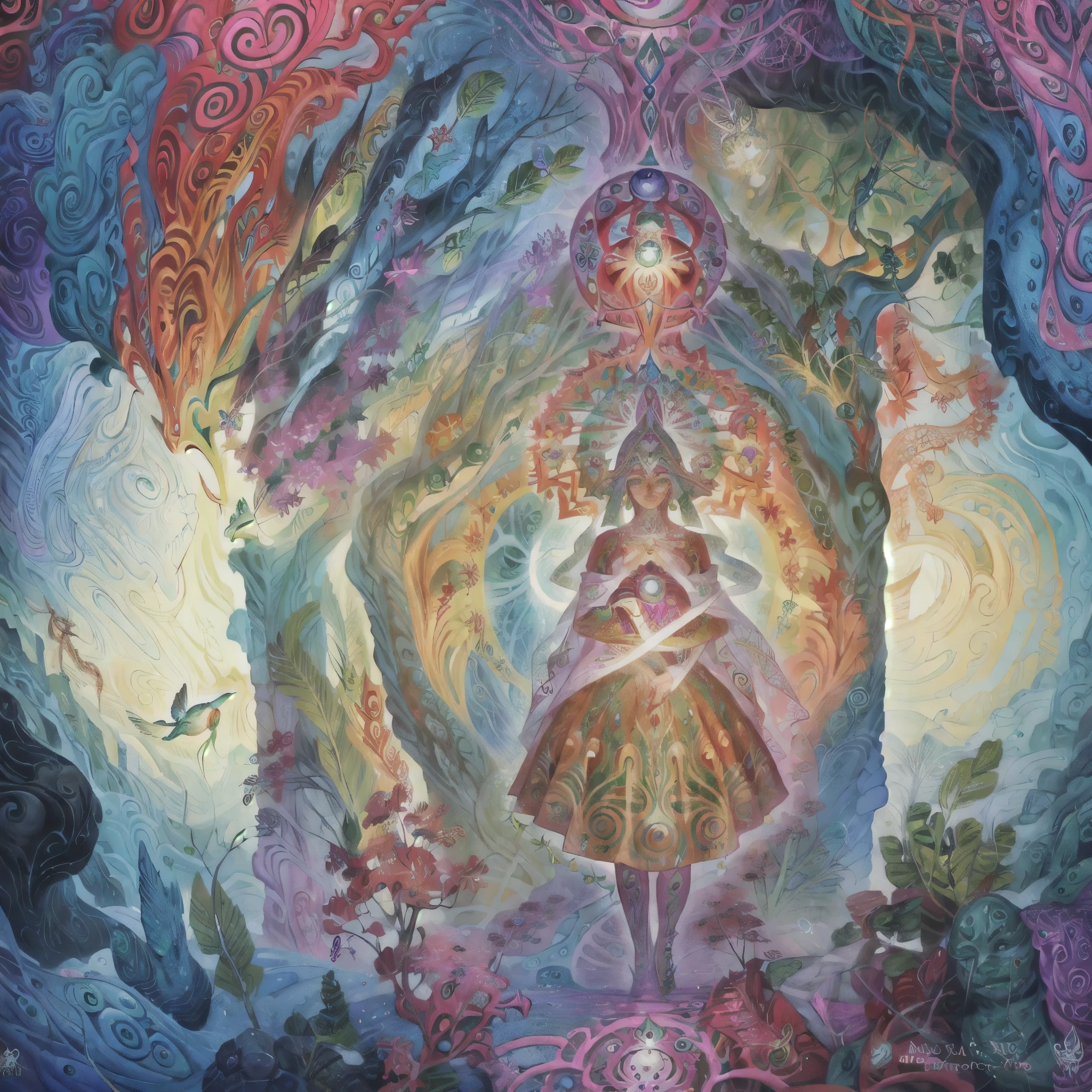 muitas cores e formas diferentes, flowey, a painting of a woman with a heart and a hummingbird, visionary art style, visionary art, arte de psytrance, epic shamanic arte dmt, highly detailed visionary art, digital visionary art, Mother earth, arte dmt, Deusa DMT, irradiando energia de renascimento, psychedelic surreal art, arte sonhadora, beautiful representation, shamanic art lsd poster, mandalas