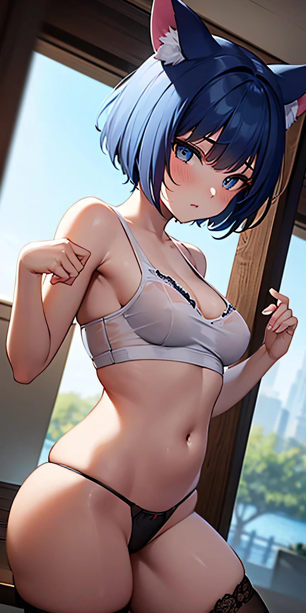 Intricate details: "((a sexy animated lady poses in revealing translucent clothes while in fire-lit fantasy setting, firm breasts, 1girl 18 years old, see through clothes, animal ears, short hair, see through panties, flat stomach, black panties, see through underwear, cat ears, looking at viewer, thighhighs, cleavage, corset, blue hair, string panties, 70% nude, random low angle))"