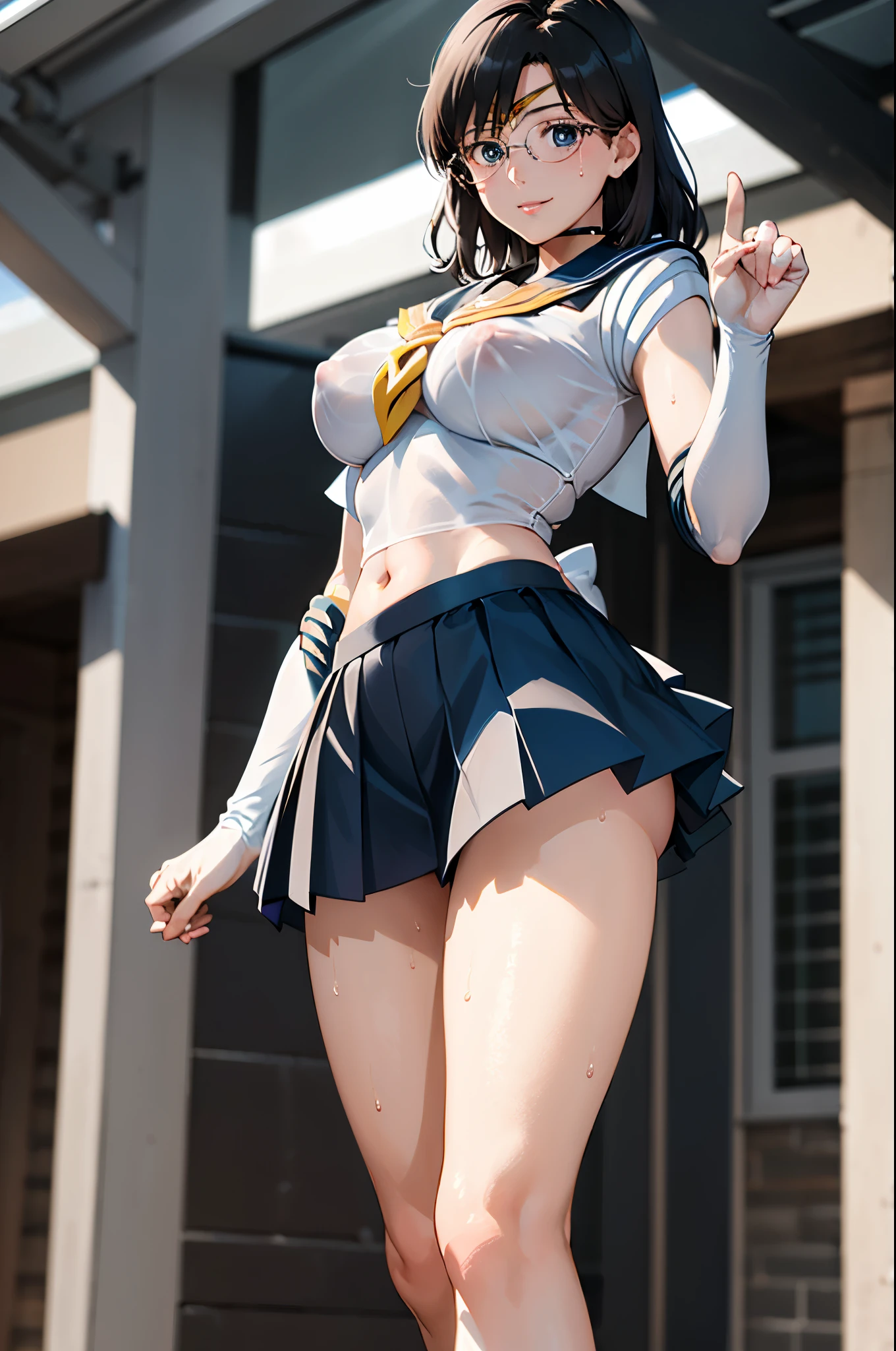 1girl,18yo,perfect hands, perfect finger,perfect anatomy, masterpiece, best quality,realistic, hyperrealistic, 16k hdr,, aamii, short hair, black hair, blue eyes, (glasses), (see through sailor senshi uniform,ultra miniskirt:1.3),outdoor,standing,(sweat:1.1),(happy smile),large breasts,cleavage,erected nipples,(sexy pose:1.2),spread legs,from below,navel,