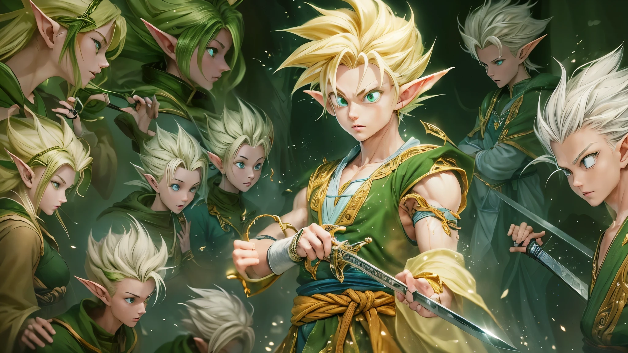 (master piece), 8k, best quality, elf boy, naïve, male, teenager, 14 years old, white skin, thin body, pointed elf ears, beautiful finely detailed silver eyes, high forehead, yellow blonde spiky hair like Gohan from the anime dragon ball (super sayajin), Incredibly handsome, calm appearance, conservative elven clothing, holding a short sword, nordic detailed hilt.