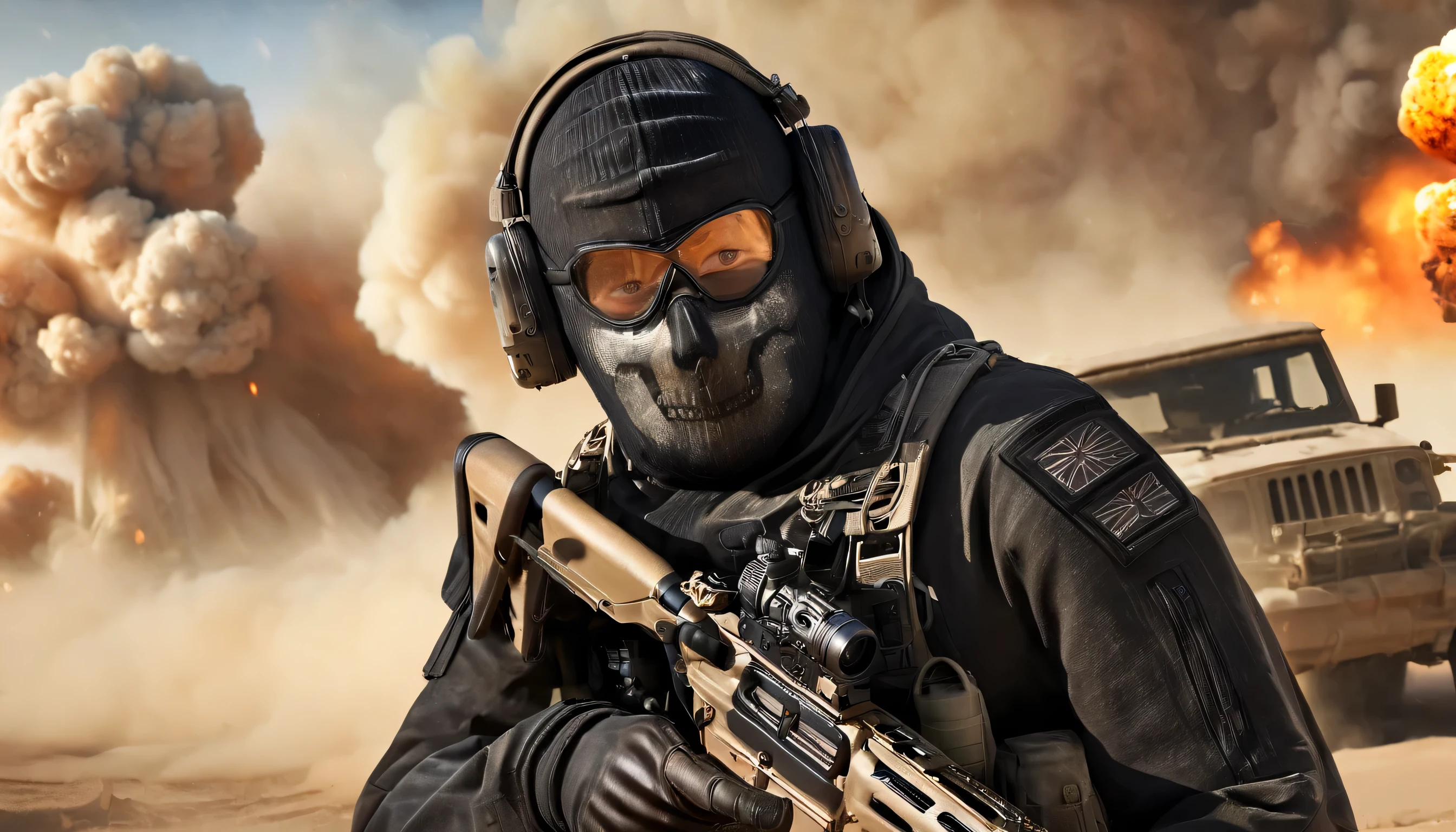 (((cinematic film still of Simon Ghost Riley a man in a black outfit holding a rifle modern warfare style))),  ((Upper body selfie)), selfie with his cell phone, (((((distant nuclear explosion))))), (((World War))), (explosion,fire:1.2), (smoke:1.4), (((((desert))))), (RTX) cinematic film shot in 70mm, depth of field, vivid colors, (best quality,ultra-detalhado,Realistic:1.37), (8k, ARTISTIC photography, best quality, masterpiece: 1.2), (realistic, photorealistic:1.37), over-detailed, (high-detail skin: 1.2), 8k UHD, SLR camera, soft lighting, high quality, film grain, cinematic lighting, photonic display, brightness, physically rendered photo, (dynamic pose ), extremely high-quality graphics, over-detailed face, (((cinematic lighting))), ((clear details)),