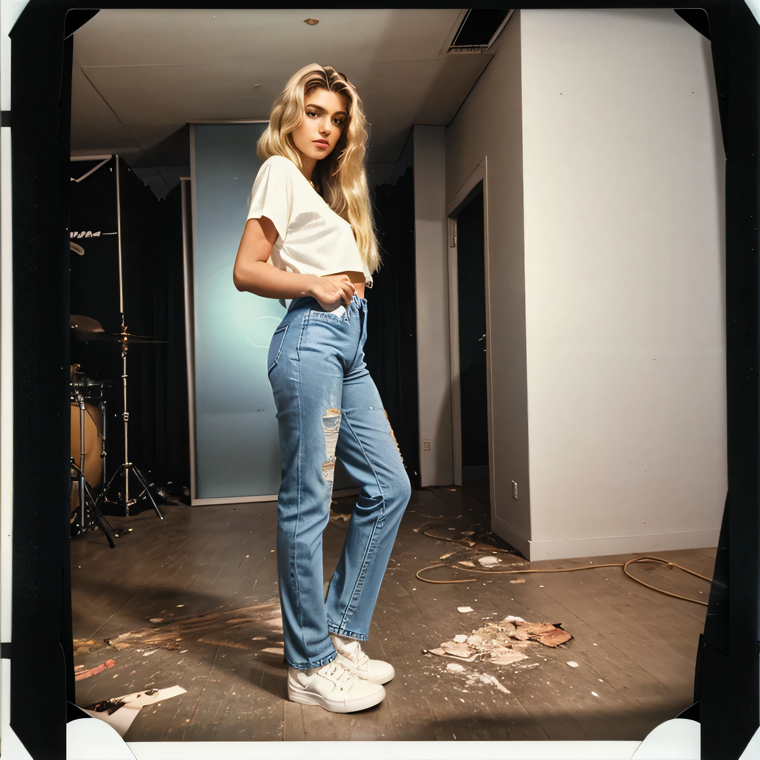 Fullbody In Studio Record de 1988 Polaroid Kodak modo noturno vista lateral, vestindo jeans, roupas grandes dos anos 90[obra de arte], [Haiza is a young Brazilian model, Olhos limpos, ((messy long blonde platinum hair from the 80s)), Pele bronzeada HD, labios grandes, rosto detalhado, morando em 1988] 