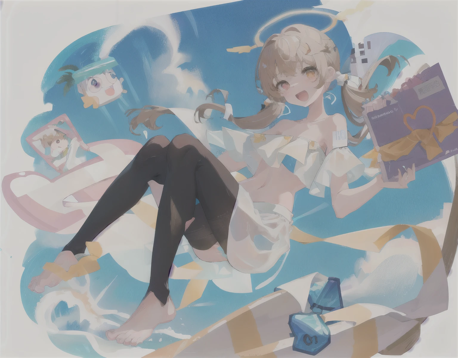 detailed,8k, detailed shadow, (masterpiece,best quality),1girl, solo,, (transparent:1.2),(see-through:1.2), wet clothes,long_hair, (looking_at_viewer:1.4), (beautiful detailed eyes),wink,heart in eye,(endured_face), ribbon, twintails, yellow_eyes, pantyhose, low_twintails, light_brown_hair,halo,beach, naked, NSWF, No cloth, wet, see through cloth, horny