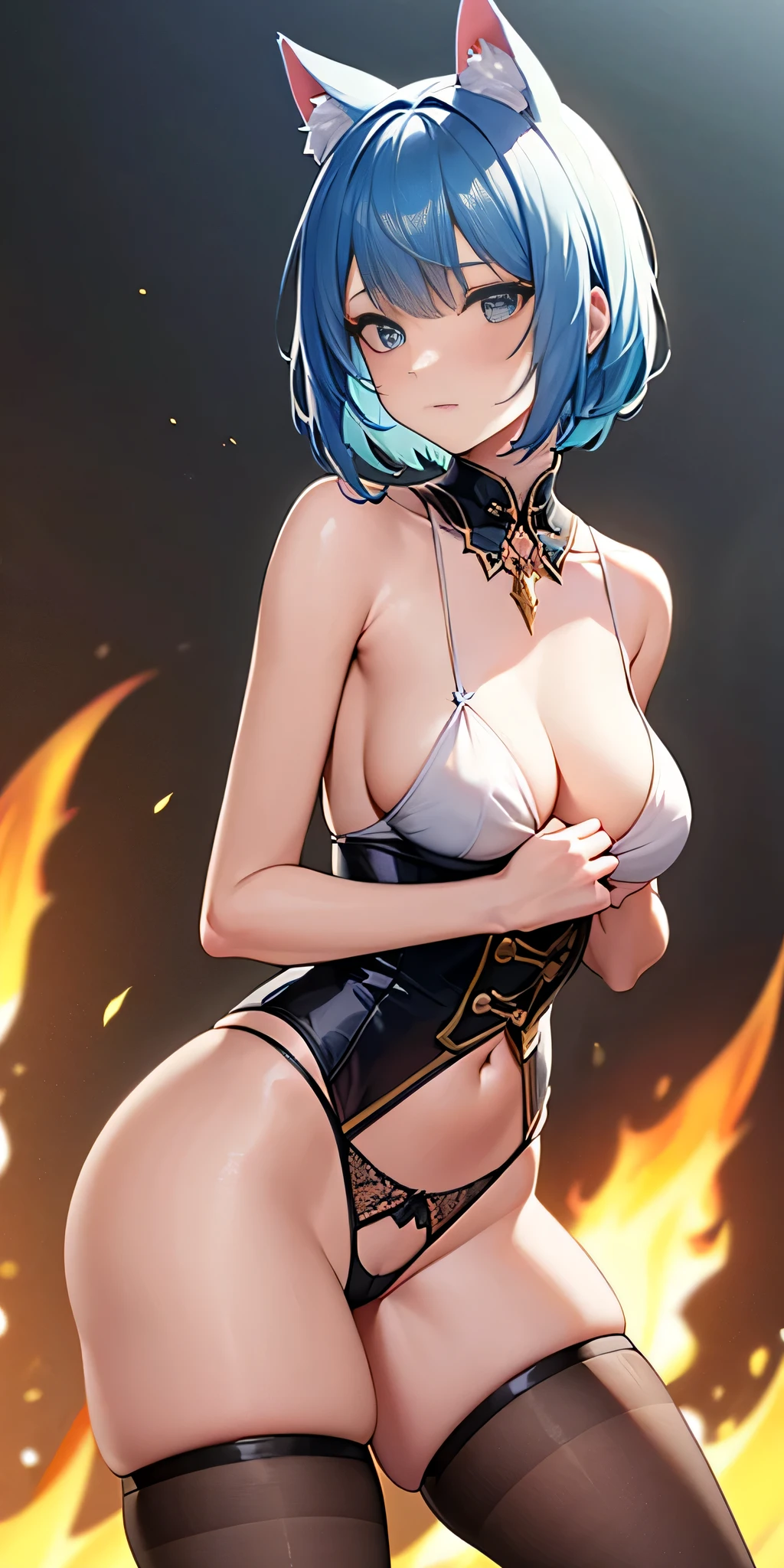 Intricate details: "((a sexy animated lady poses in revealing translucent clothes while in fire-lit fantasy setting, firm breasts, 1girl 18 years old, see through clothes, animal ears, short hair, see through panties, flat stomach, black panties, see through underwear, cat ears, looking at viewer, thighhighs, cleavage, corset, blue hair, string panties, 70% nude, random low angle))"