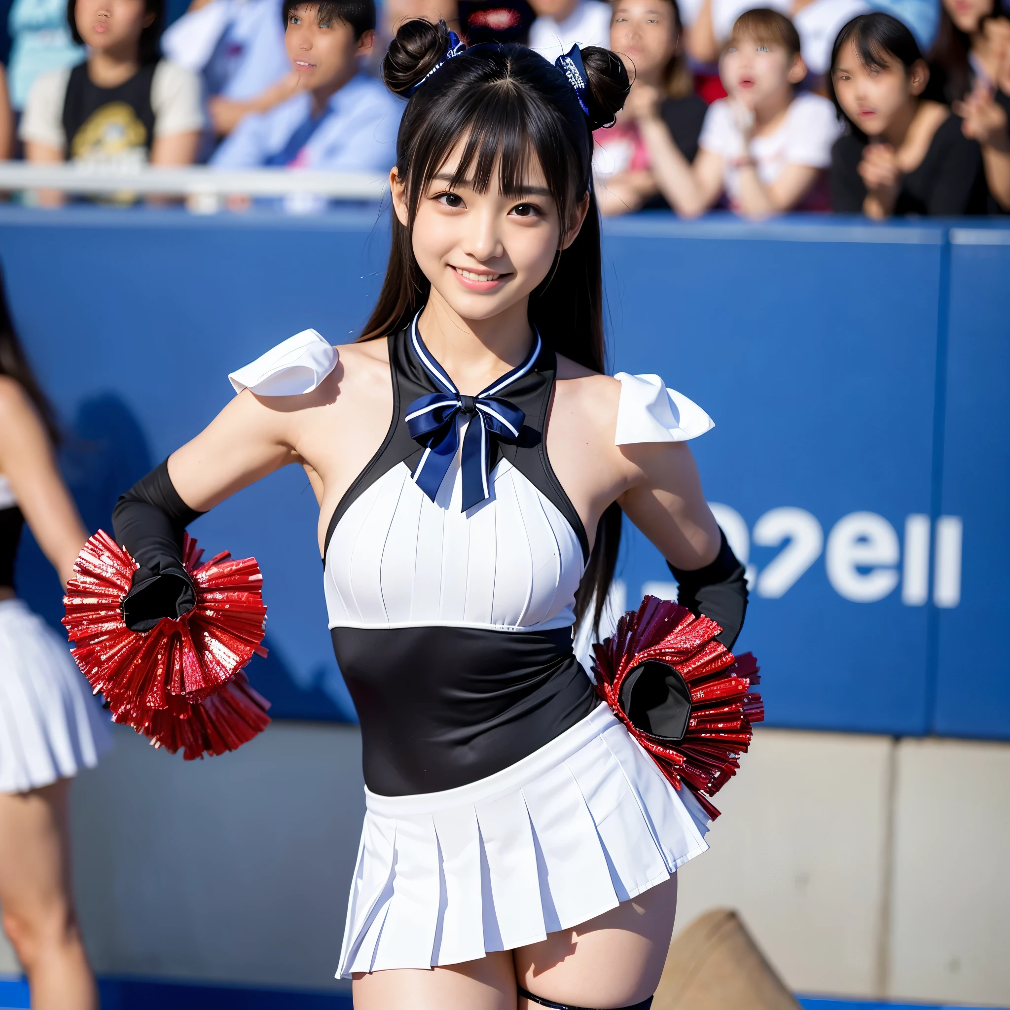 Best-quality, Masterpiece, Ultra-High-Resolution, (Photorealistic:1.4), Raw-Photo, Extremely-Details, Perfect-Anatomy, 1girl, 15-years-old, the most famous Japanese idol, cowboy-shot, looking at viewer, innocent-smile, (wearing cheerleading-costume with cute-design, pleated miniskirt), extremely cute face like the most popular Japanese-idol, ((extremely beautiful big-black-eyes)), extremely beautiful hair, extremely beautiful skins, extremely beautiful long-eyelashes, extremely beautiful lips