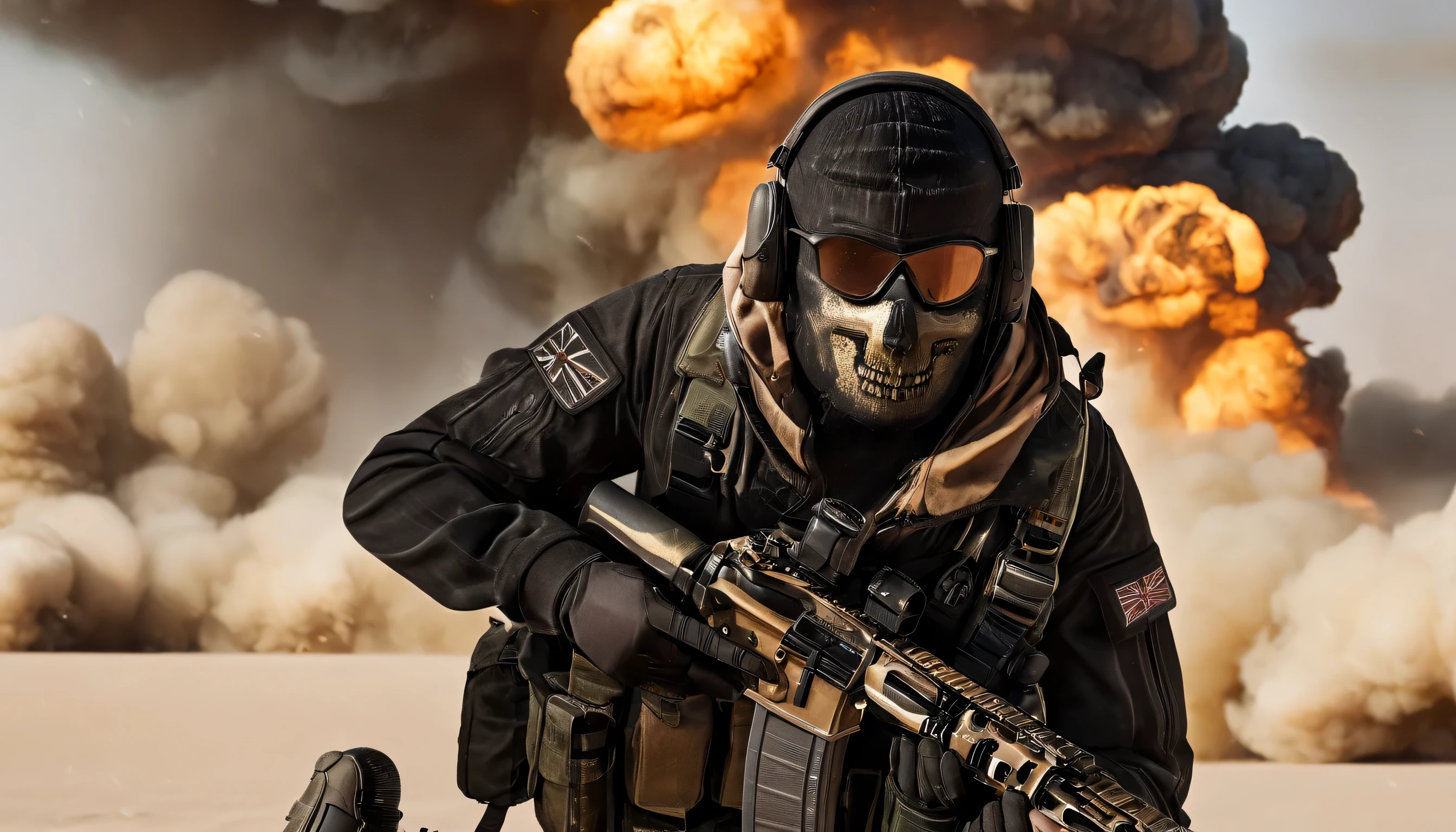 (((cinematic film still of Simon Ghost Riley a man in a black outfit holding a rifle modern warfare style))), ((Upper body selfie)), selfie with his cell phone, (((((distant nuclear explosion))))), (((World War))), (explosion,fire:1.2), (smoke:1.4), (((((desert))))), (RTX) cinematic film shot in 70mm, depth of field, vivid colors, (best quality,ultra-detalhado,Realistic:1.37), (8k, ARTISTIC photography, best quality, masterpiece: 1.2), (realistic, photorealistic:1.37), over-detailed, (high-detail skin: 1.2), 8k UHD, SLR camera, soft lighting, high quality, film grain, cinematic lighting, photonic display, brightness, physically rendered photo, (dynamic pose ), extremely high-quality graphics, over-detailed face, (((cinematic lighting))), ((clear details)),