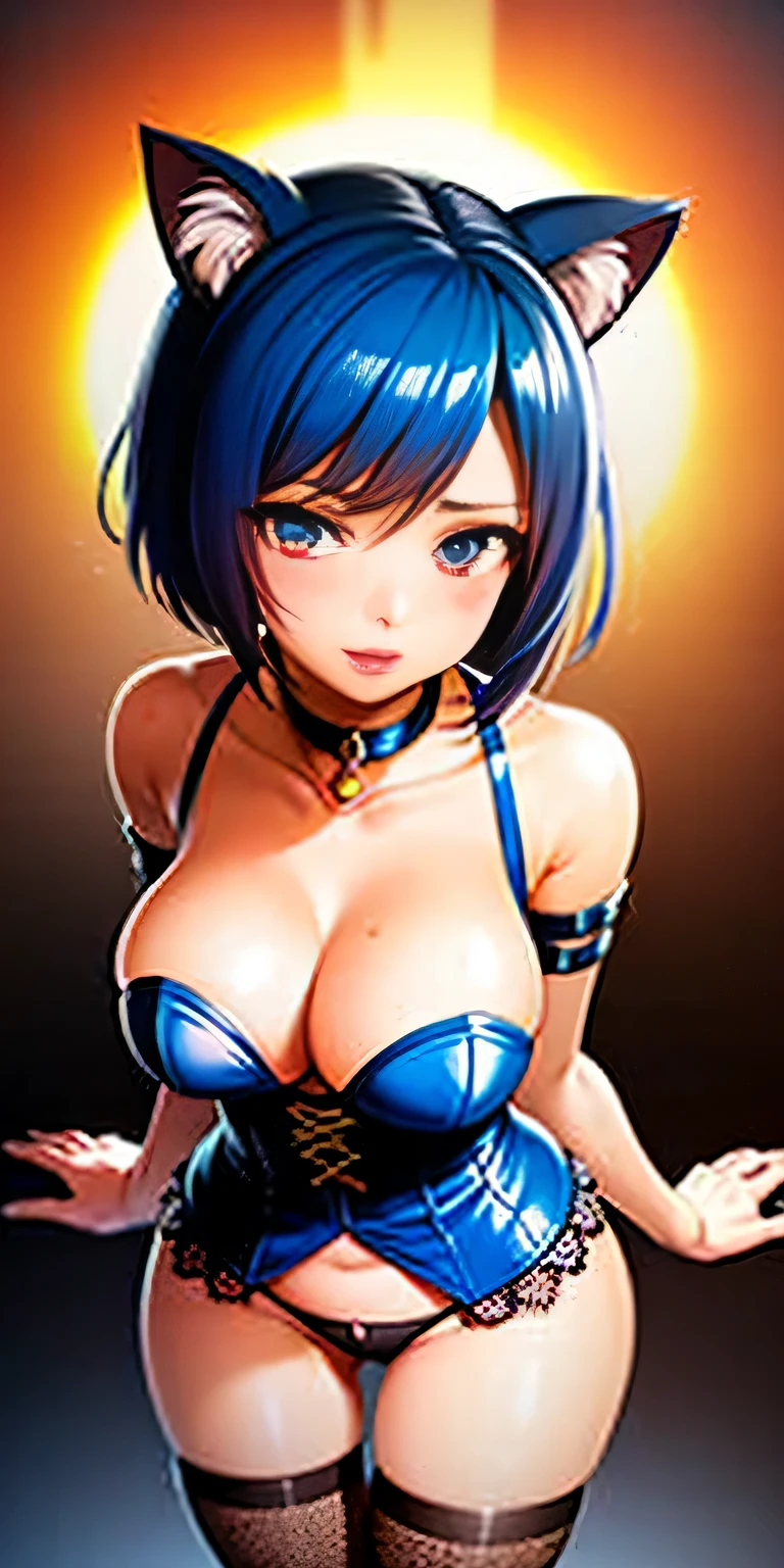 Intricate details: "((a sexy animated lady poses in revealing clothes while in fire-lit fantasy setting, firm breasts, 1girl 18 years old, animal ears, short hair, panties, black panties, underwear, cat ears, looking at viewer, thighhighs, cleavage, corset, blue hair, string panties, low angle view)"