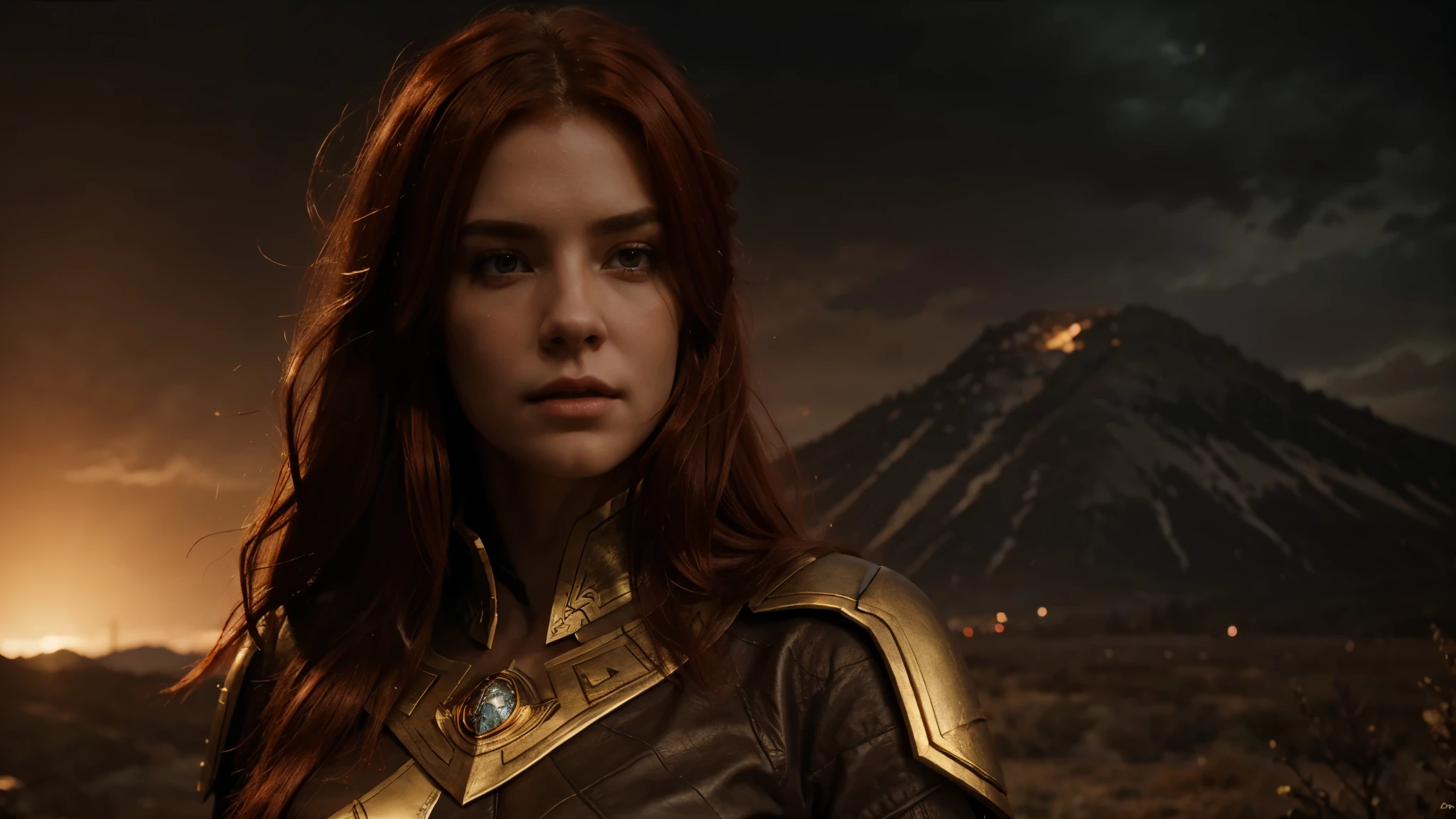 Elden ring landscape, epic night, 8k, realistic fantasy, female angle character, red hair and gold glotess