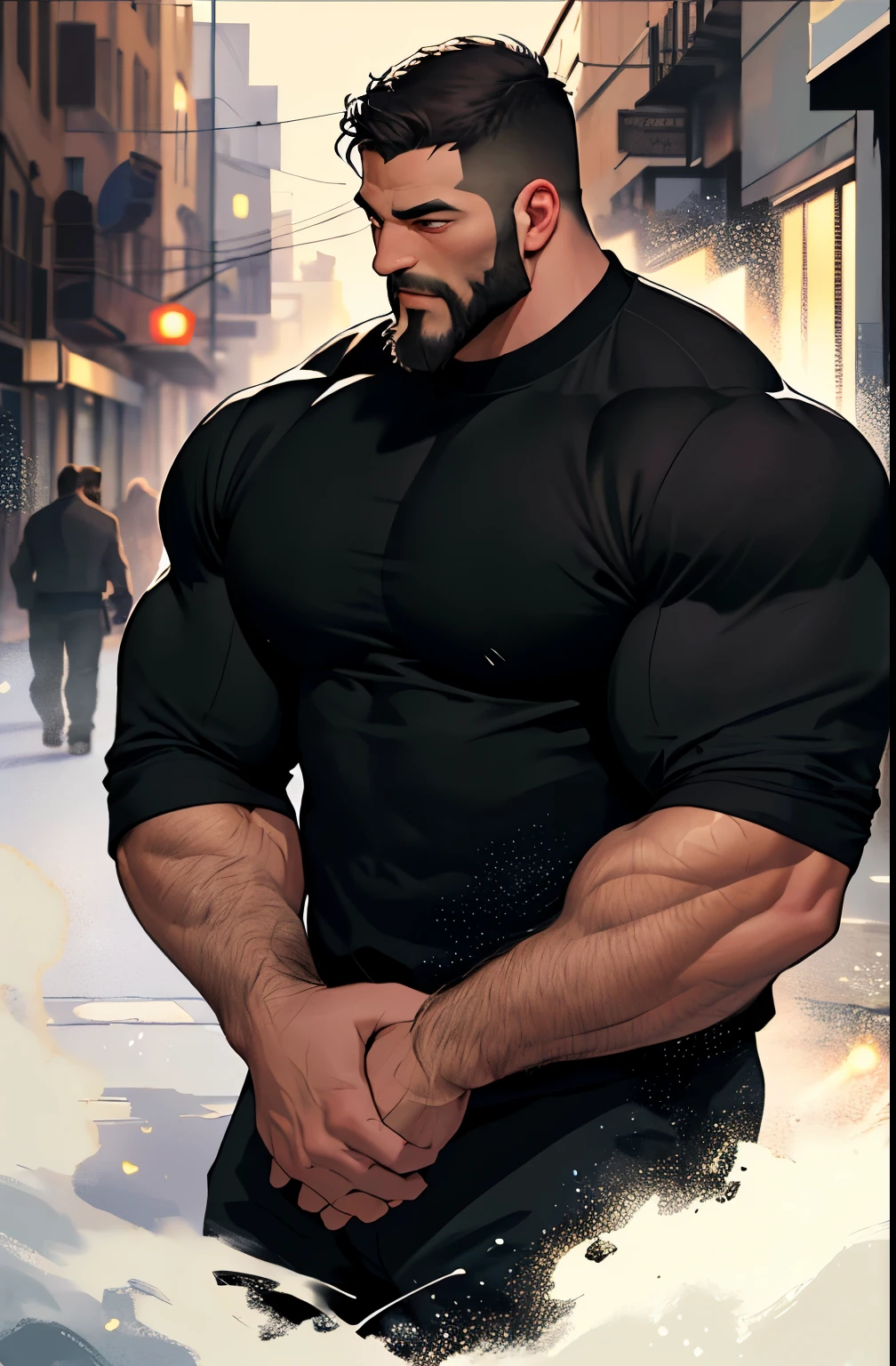 Best quality, masterpiece, super high resolution, detailed background, realistic, illustration, single, 1 boy, muscle man, beard, swat, street, muscular, facial hair, volumetric lighting, depth of field,black clothes, Kissing other men by force