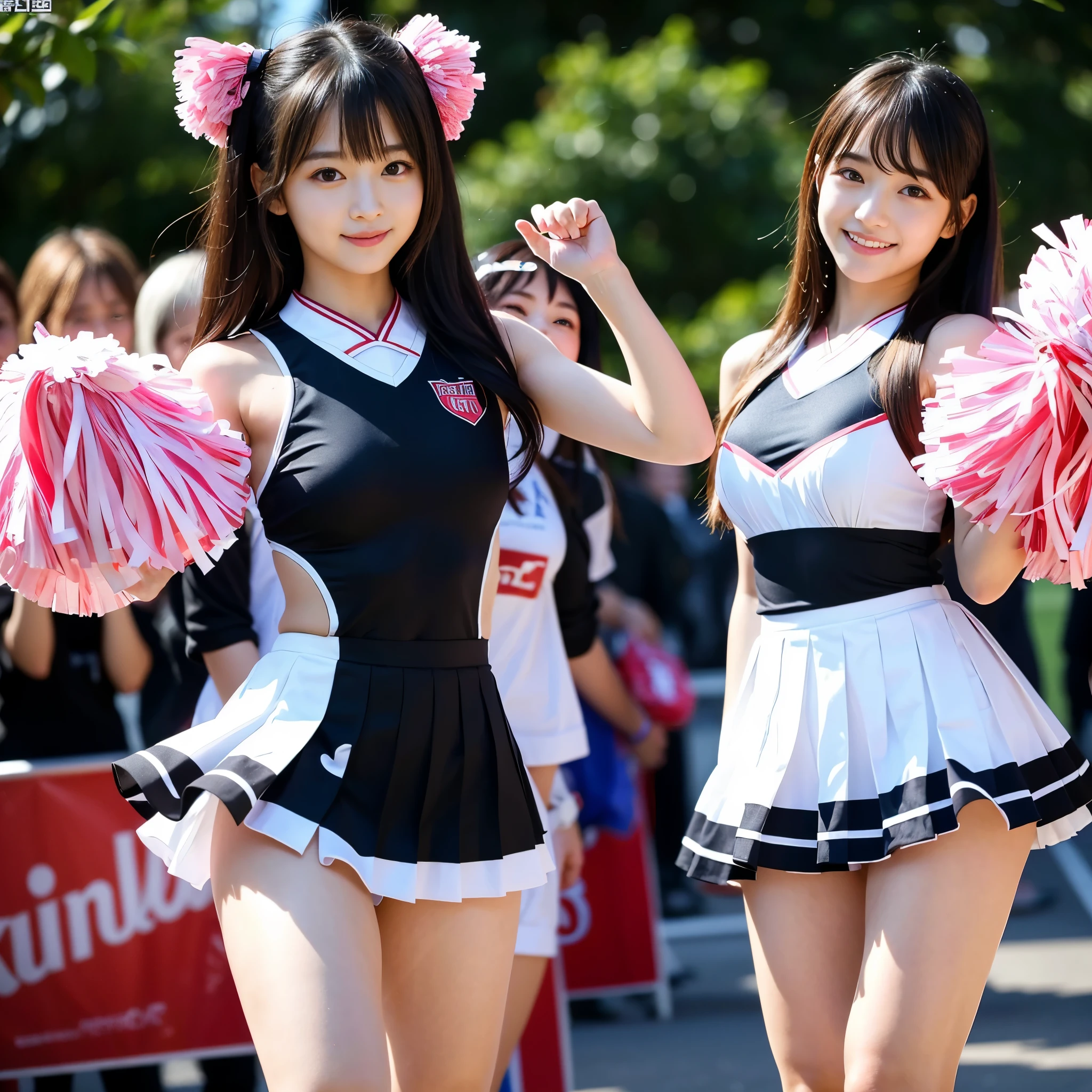 Best-quality, Masterpiece, Ultra-High-Resolution, (Photorealistic:1.4), Raw-Photo, Extremely-Details, Perfect-Anatomy, 1girl, -yeld, thost famous Japanese idol, looking at viewer, innocent-smile, (wearing cheerleading-costume with cute-design, pleated miniskirt), extremely cute face like the most popular Japanese-idol, ((extremely beautiful big-black-eyes)), extremely beautiful hair, extremely beautiful skins, extremely beautiful long-eyelashes, extremely beautiful lips