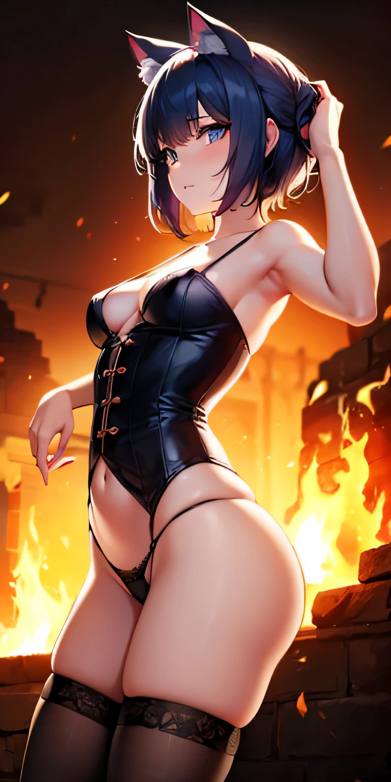 Intricate details: "((a sexy animated lady poses in revealing translucent clothes while in fire-lit fantasy setting, firm breasts, 1girl 18 years old, see through clothes, animal ears, short hair, see through panties, flat stomach, black panties, see through underwear, cat ears, looking at viewer, thighhighs, cleavage, corset, blue hair, string panties, 70% nude, random low angle))"