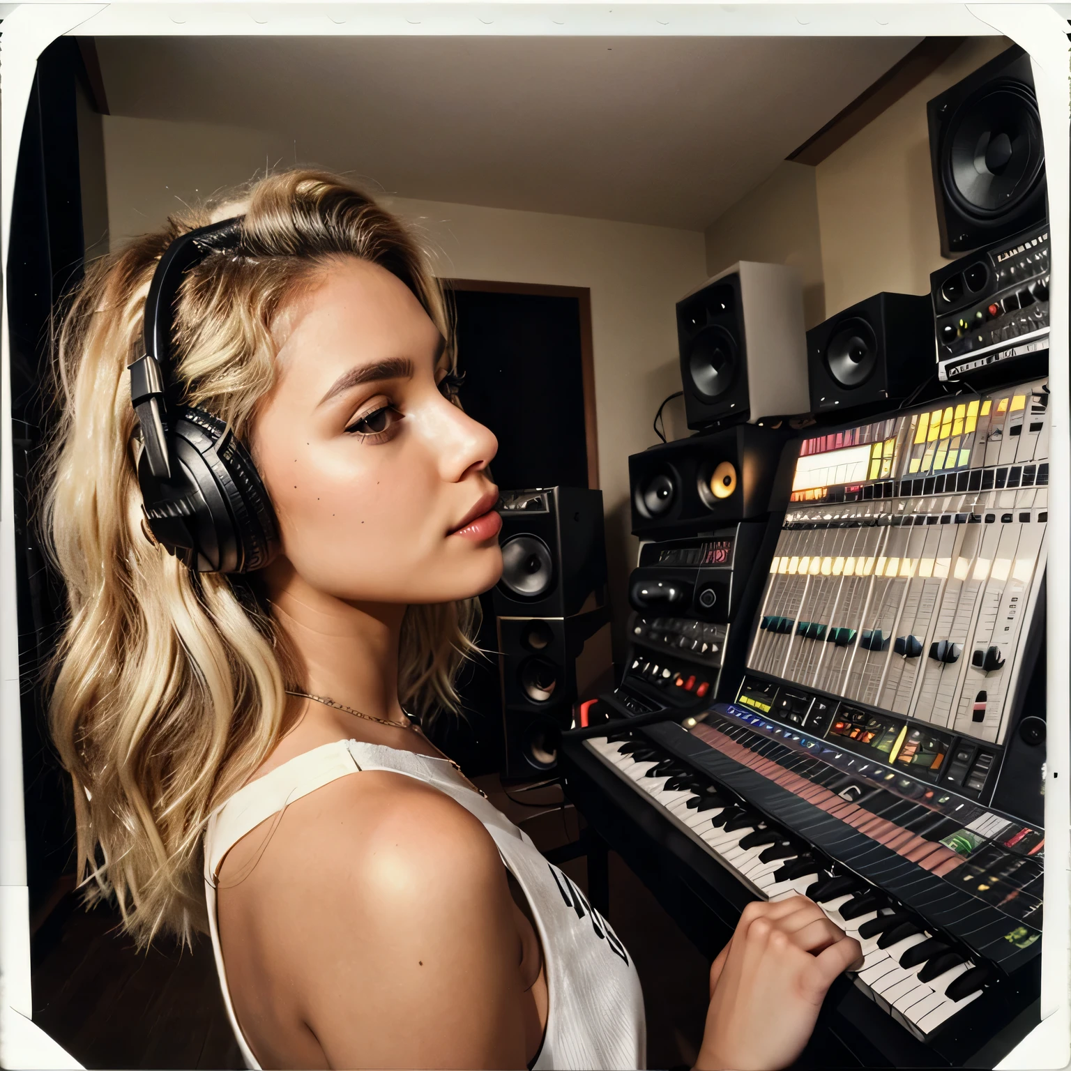   In Studio Record music,Vista lateral do modo noturno Polaroid Kodak, vestindo jeans, roupas grandes dos anos 90[obra de arte], [Haiza is a young Brazilian model, Olhos limpos, ((messy long blonde platinum hair from the 80s)), Pele bronzeada HD, labios grandes, rosto detalhado, morando em 1988] 