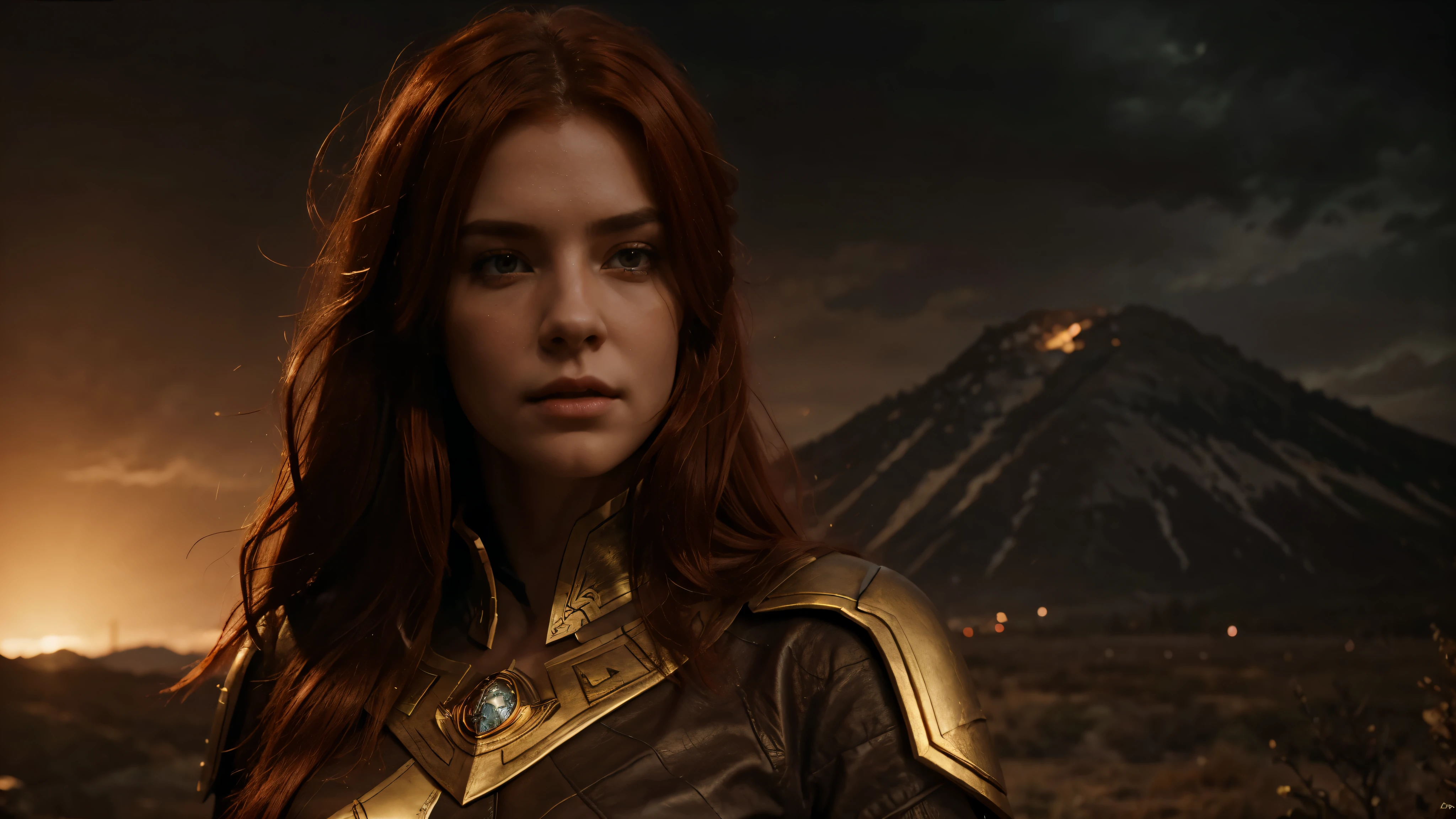 Paysage de l&#39;anneau d&#39;Elden, epic night, 8K, Realistic Fantasy, personnage d&#39;feminine angle, red hair and golden glottis