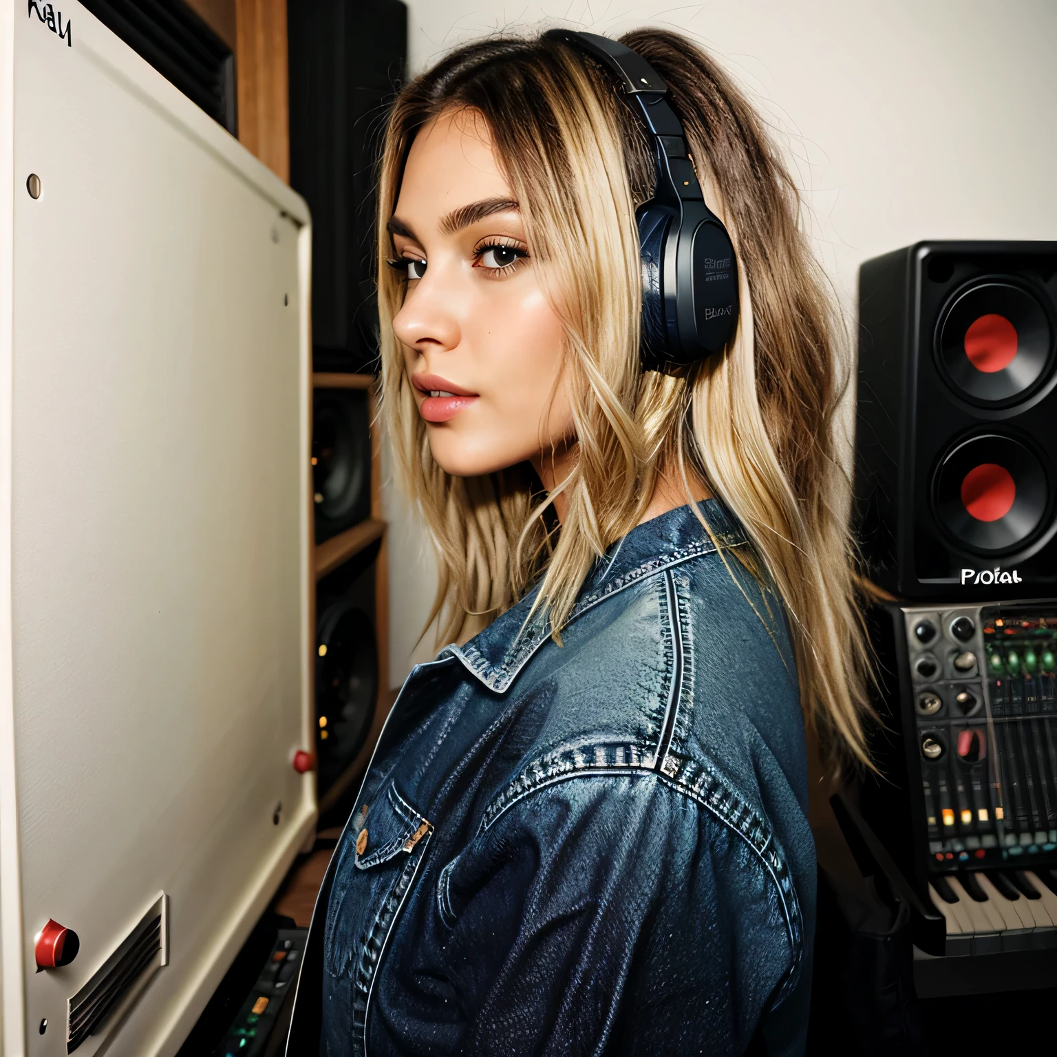   In Studio Record music,Vista lateral do modo noturno Polaroid Kodak, vestindo jeans, roupas grandes dos anos 90[obra de arte], [Haiza is a young Brazilian model, Olhos limpos, ((messy long blonde platinum hair from the 80s)), Pele bronzeada HD, labios grandes, rosto detalhado, morando em 1988] 