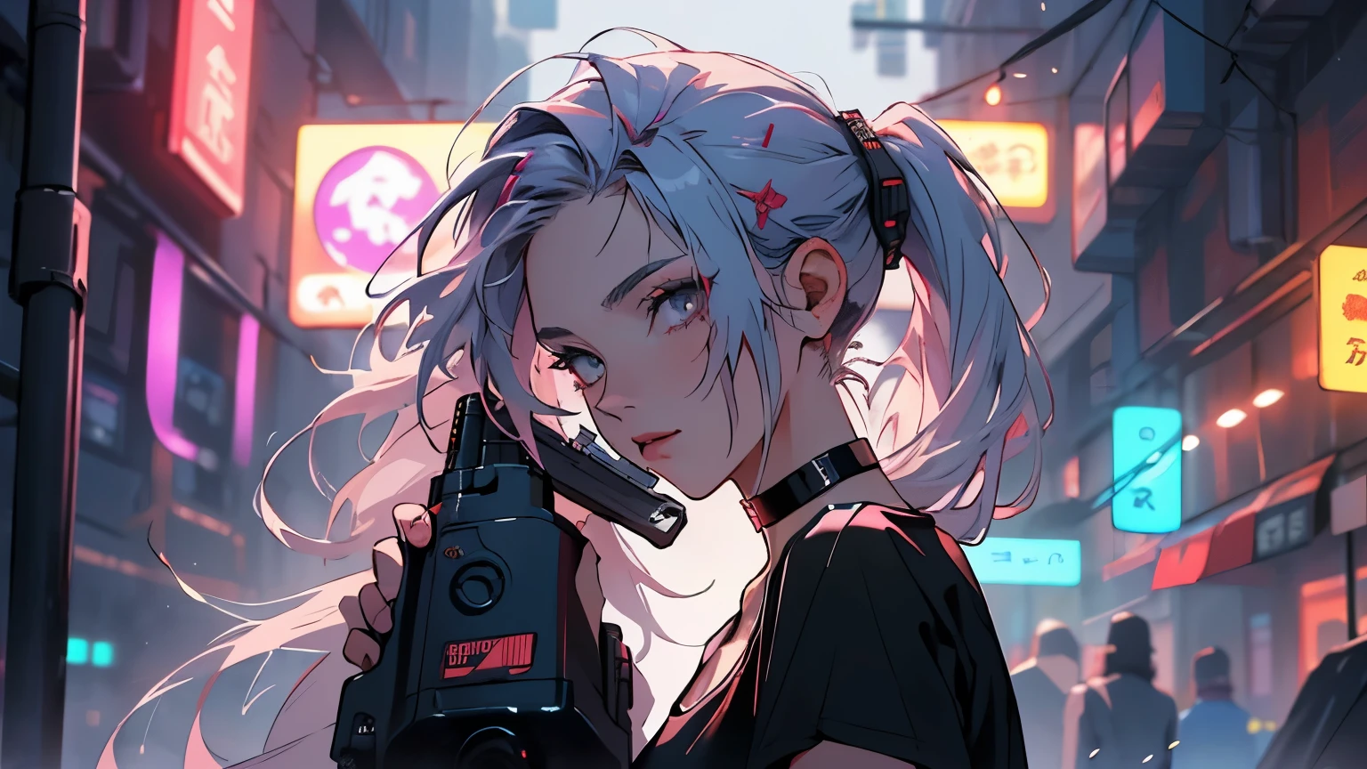 (better quality, masterpiece:1.2) | detailed eye:1.2 1 female ,sorindo (dynamic english, throw, face, long hair,gun shop) choker, shirt, オープンスウェットshirt, finely, masterpiece, cyberpunk style clothes, Create a variation