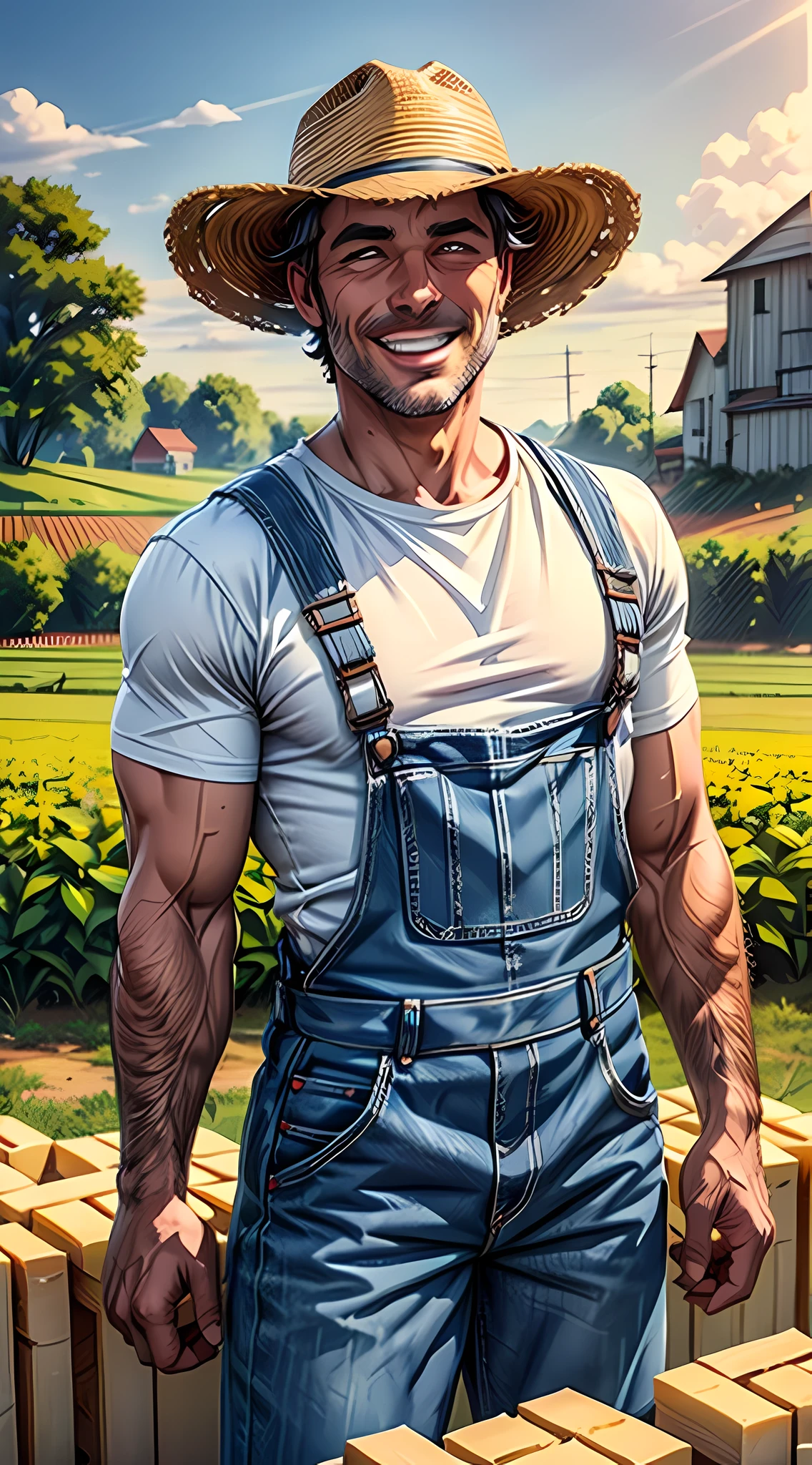 um homem de fazendeiro com roupas de fazendeiro com camisa branca, farmer hat and muscular denim overalls holding blocks of butter, looking at the camera and smiling with teeth visible, 4K, world illumination, background with several blocks of butter in the background