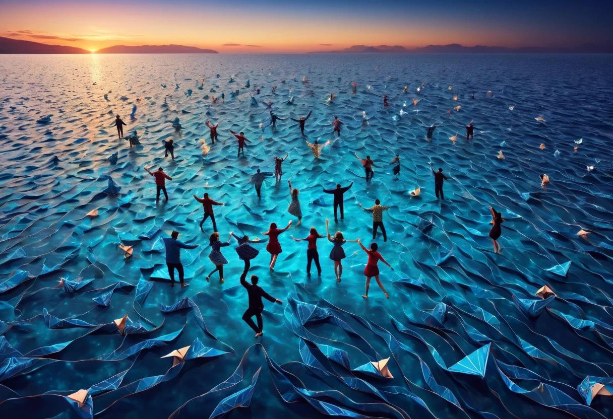 (best quality, highres, ultra sharp), people Dancing on the Sea Surface, magical, origami sea, zentangle lines printed in clothes, starry sky, 3d crunch, cinematic, aerial view,