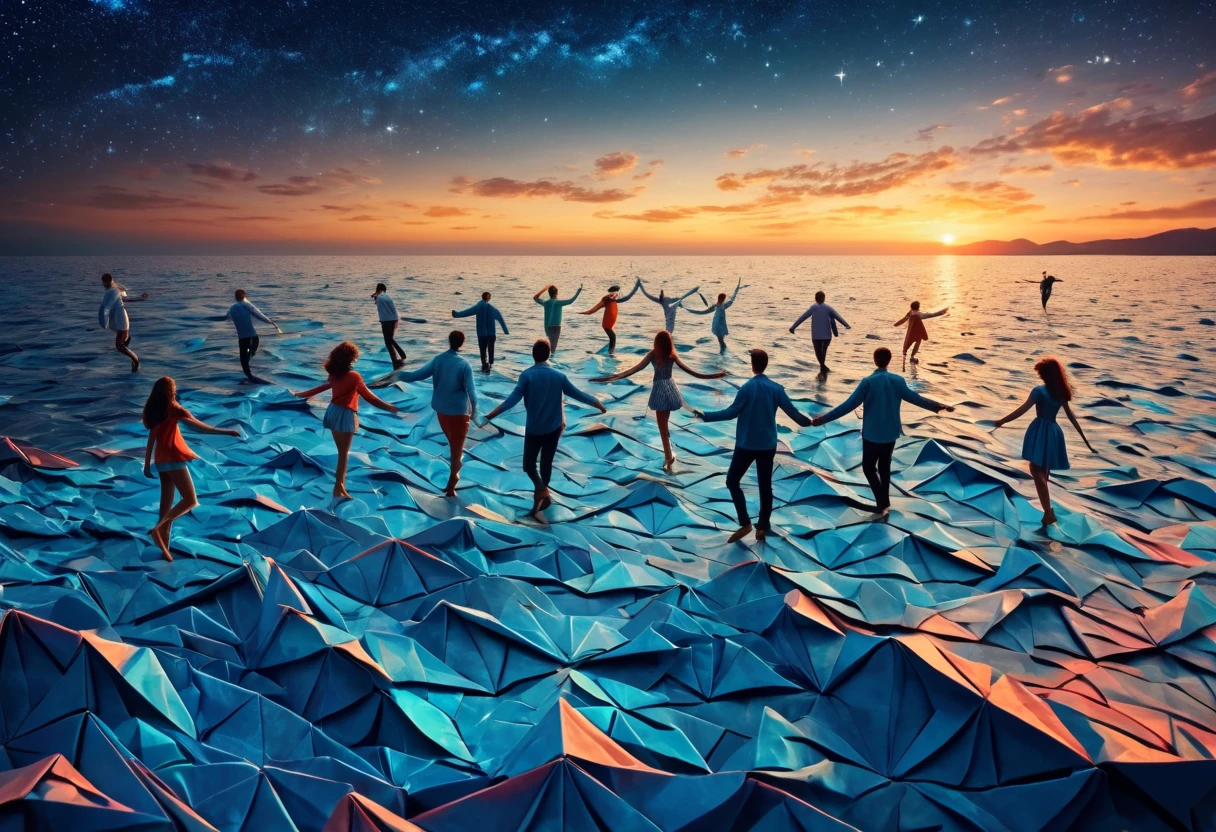 (best quality, highres, ultra sharp), people Dancing on the Sea Surface, magical, origami sea, zentangle lines printed in clothes, starry sky, 3d crunch, cinematic, aerial view,