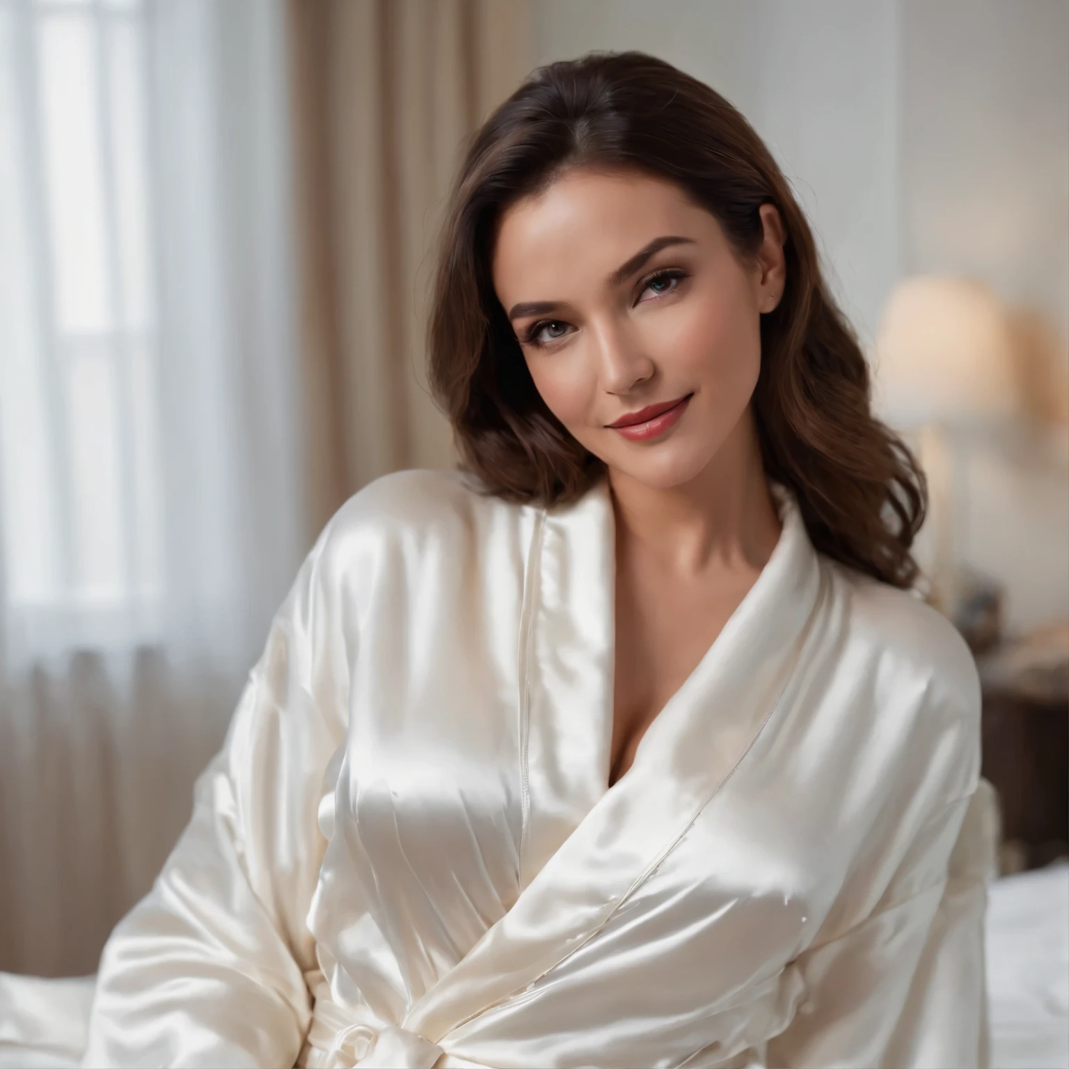A seductive display of a woman wearing nothing but a silk robe, lounging provocatively on a bed adorned with satin pillows. seductive smile, 8k, hyper realism, vibrant colors, sharp crisp image