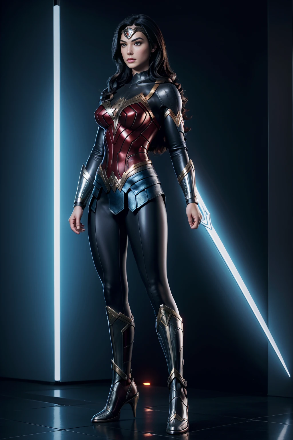 (((full body photo)))  "Wonder Woman restrained and enclosed in a sleek, futuristic body suit."