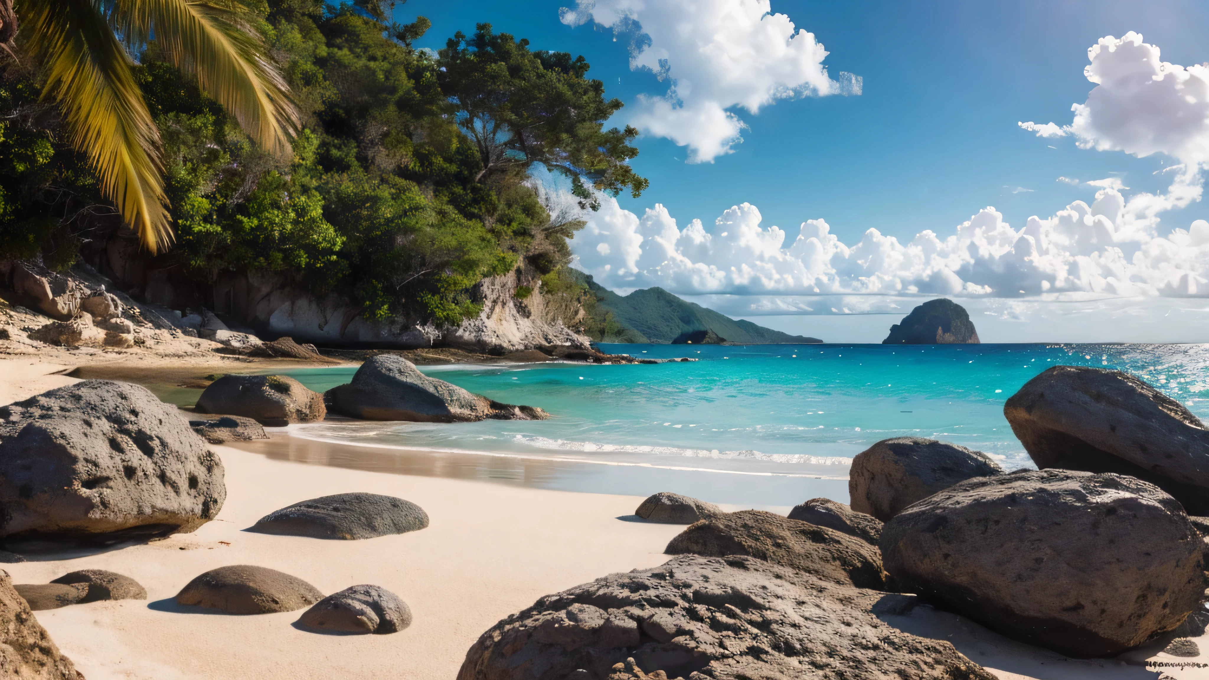 Caribbean beach landscape with rocks., hiperrealista, obra maestra, small details, fotorrealista, Foto ultrarrealista, 8k hd, digital slr camera, soft lighting, alta calidad, film grain, Fujifilm XT3