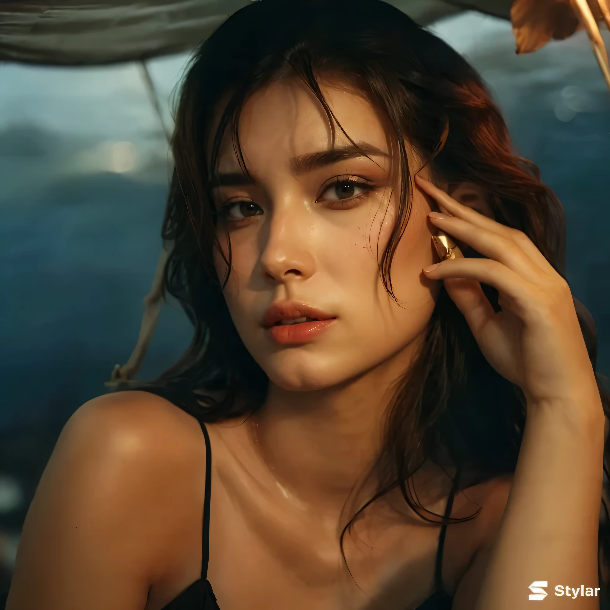 arafed woman in a black bikini posing on a boat, glossy digital painting, realistic digital art 4 k, realistic digital art 4k, realistic digital painting, in style of digital painting, gorgeous digital painting, ultra realistic digital painting, sultry digital painting, style digital painting, stunning digital painting, beautiful digital painting, photorealistic digital painting, 8 k realistic digital art