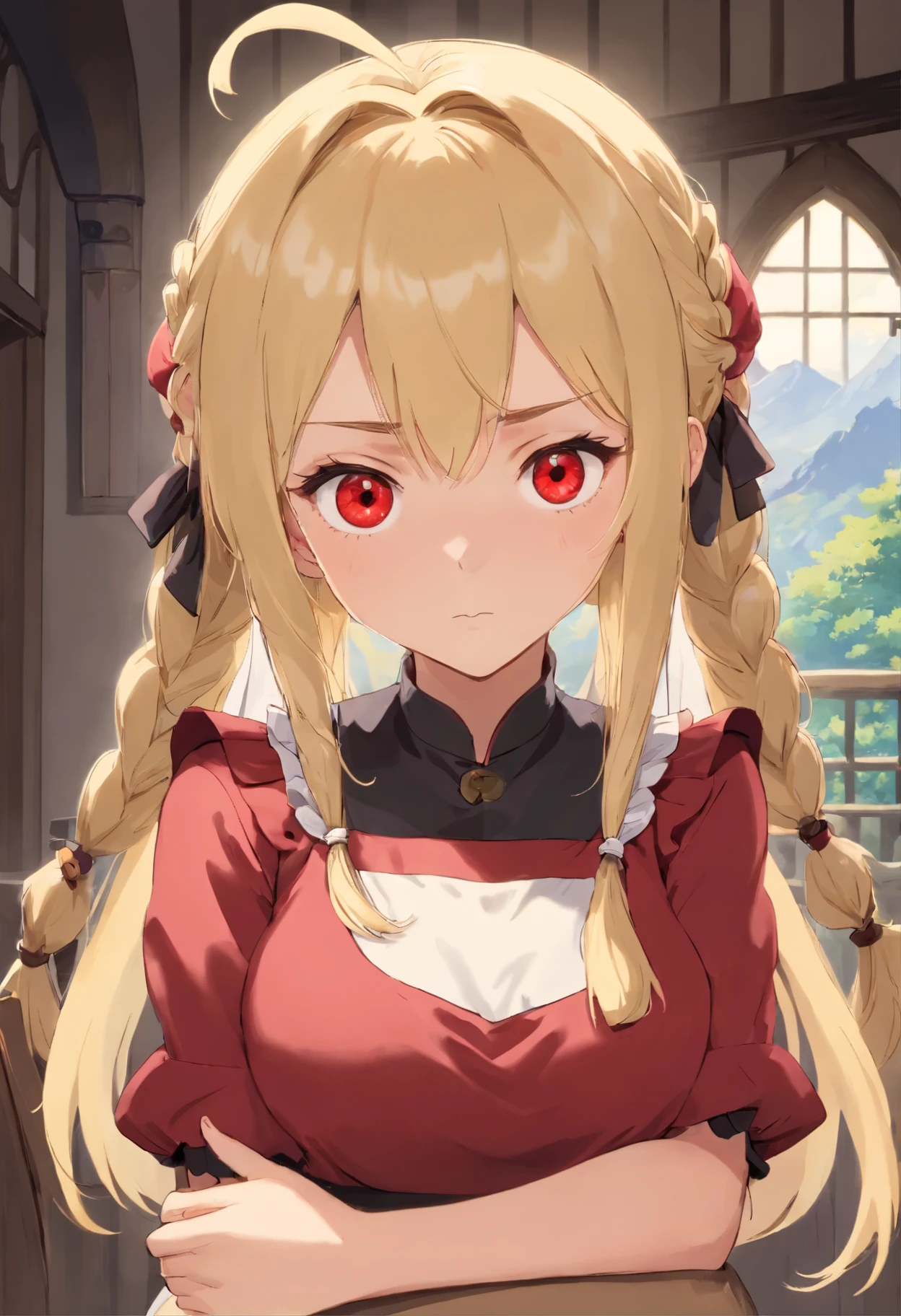 (Masterpiece: 1. 2), (Top quality: 1. 2), Perfect eyes, Perfect face, Perfect lighting, Mountain horizon, Beautiful girl like boy, Blonde hair, Upper body, Cleavage, Red eyes, (((( one eye ))))), Braids, Side ponytail, Pastiched bangs, Bobbed hair, Stupid hair, Cute eyes, Best breasts, (From bottom), Raw description, orgasm, scary, erotic bitch virgin, angry, from side, bewitching, gothic maid, sitting, crossed arms, (from top: 1. 3),.